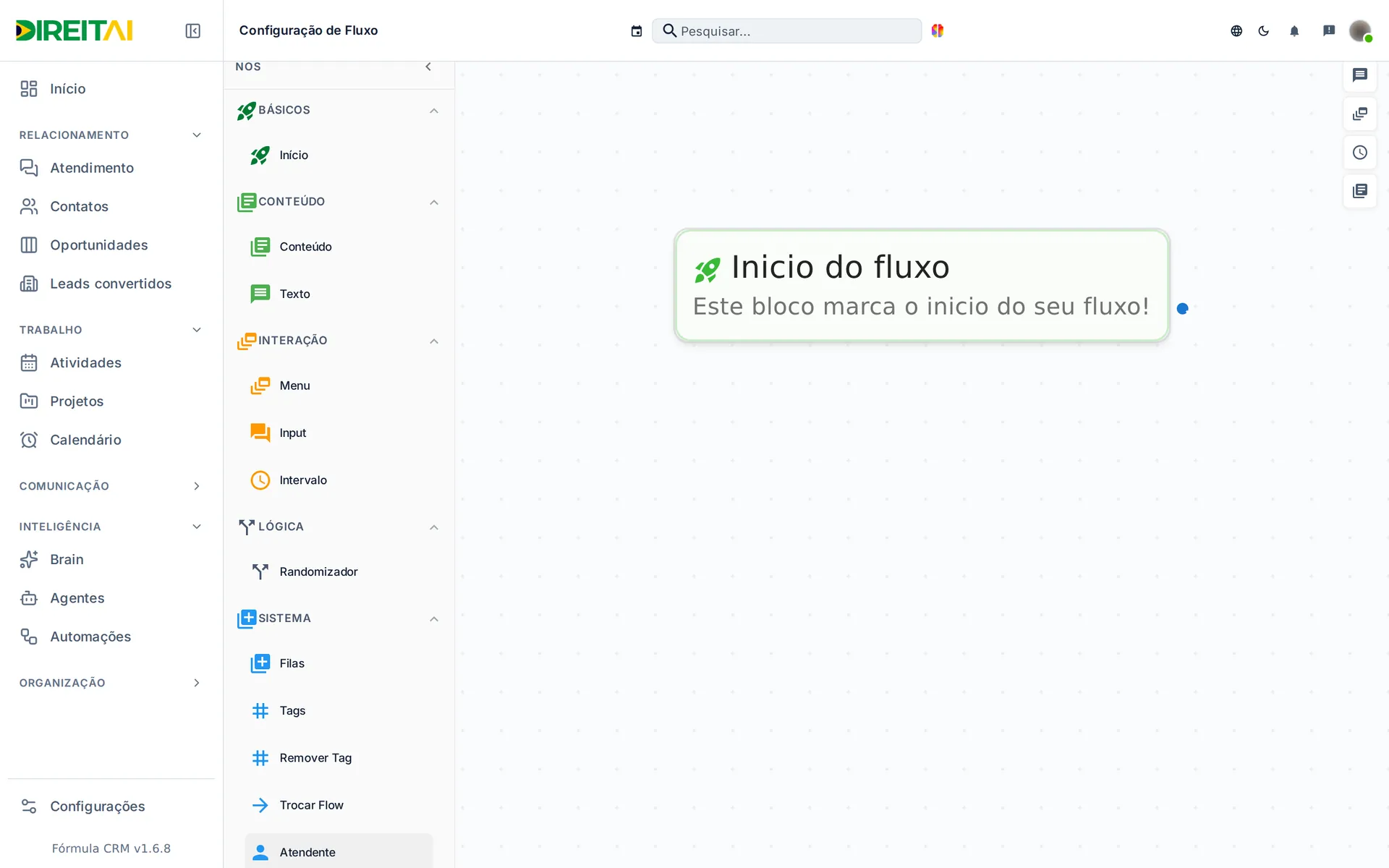 Editor de fluxo com o painel Nós aberto à esquerda e o bloco Início no centro