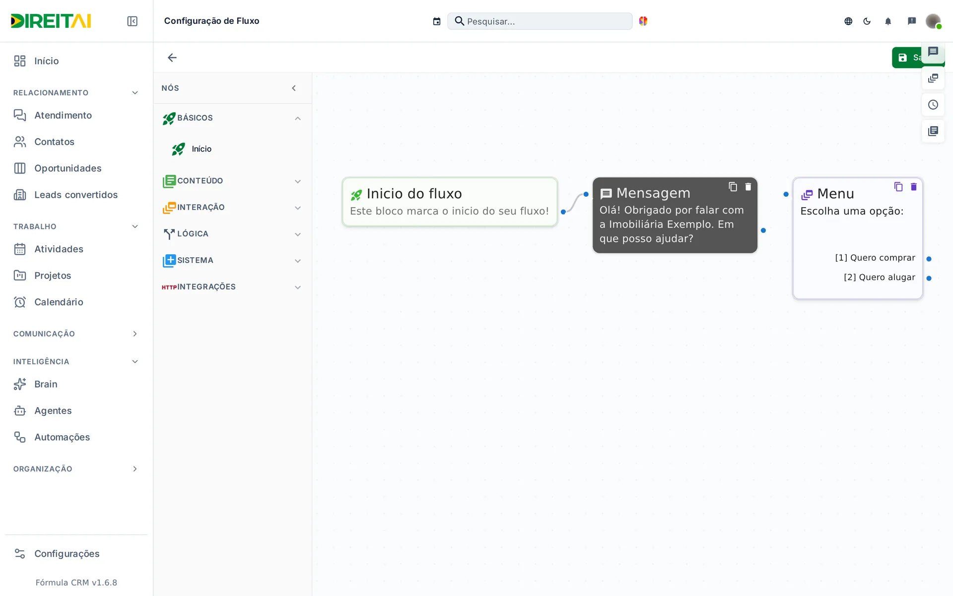 Fluxo de exemplo salvo, com Início, mensagem e menu ligados no desenho