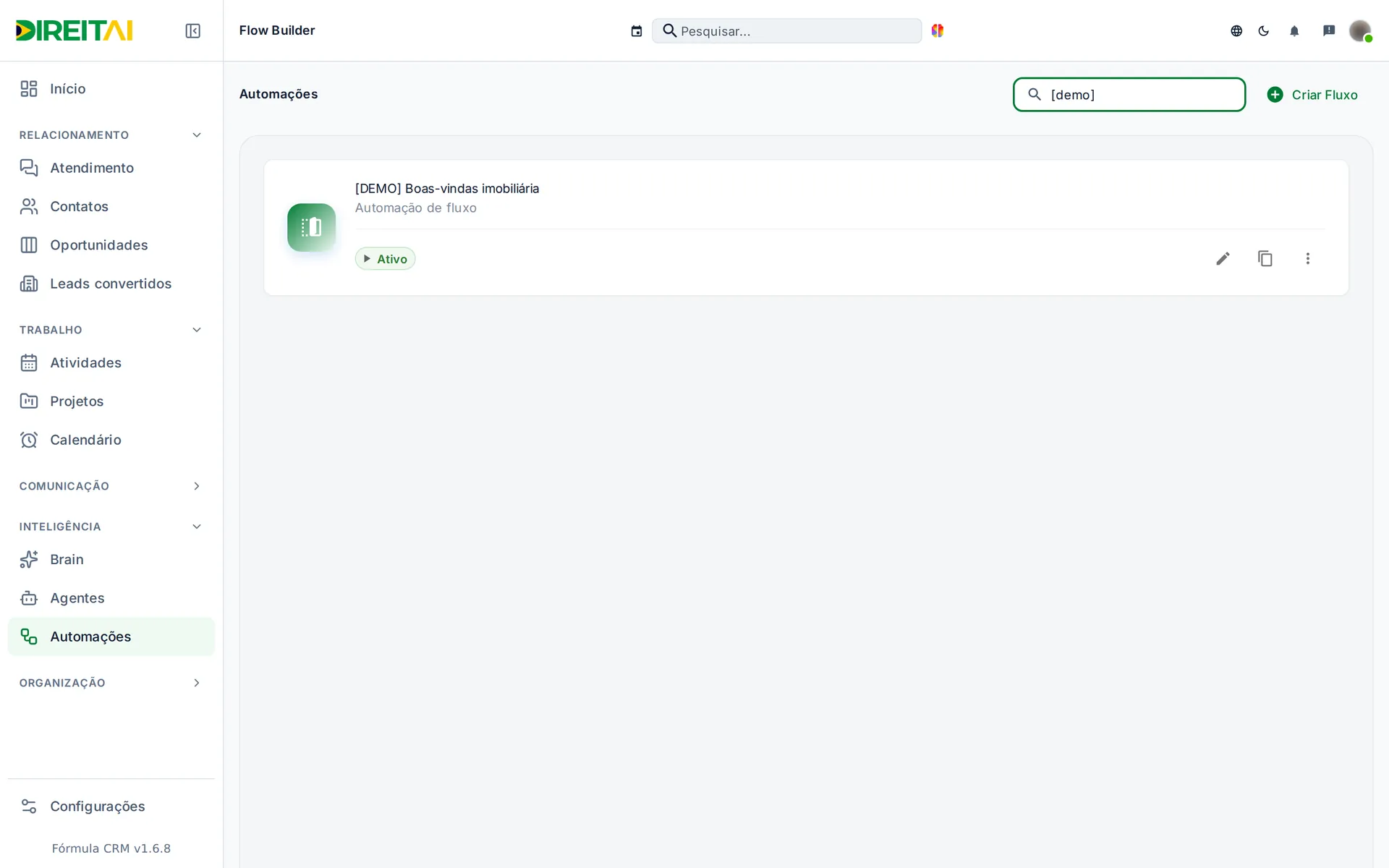 Cartão do fluxo de exemplo com os ícones de editar, duplicar e o menu de três pontos