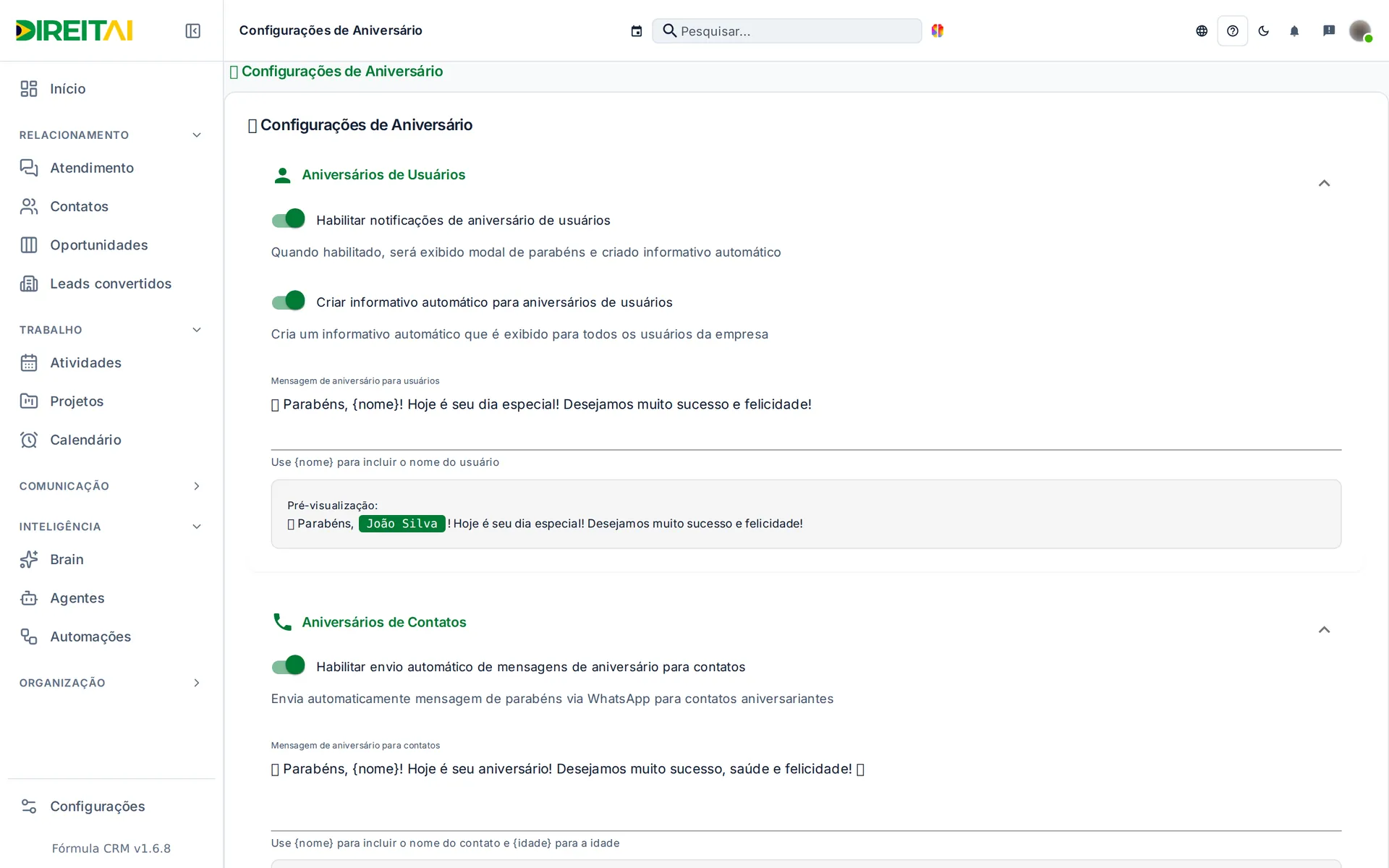 Configurações de Aniversário: seções Aniversários de Usuários e Aniversários de Contatos
