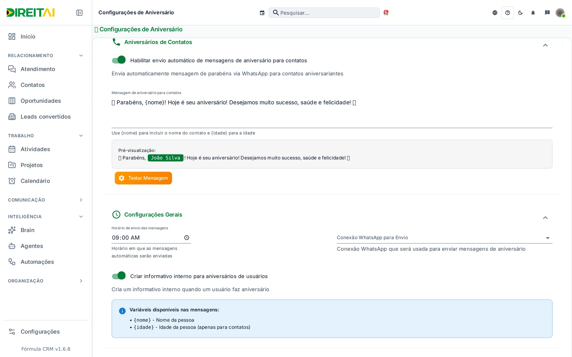 Configurações Gerais do aniversário: horário de envio, conexão, variáveis e o botão Salvar Configurações