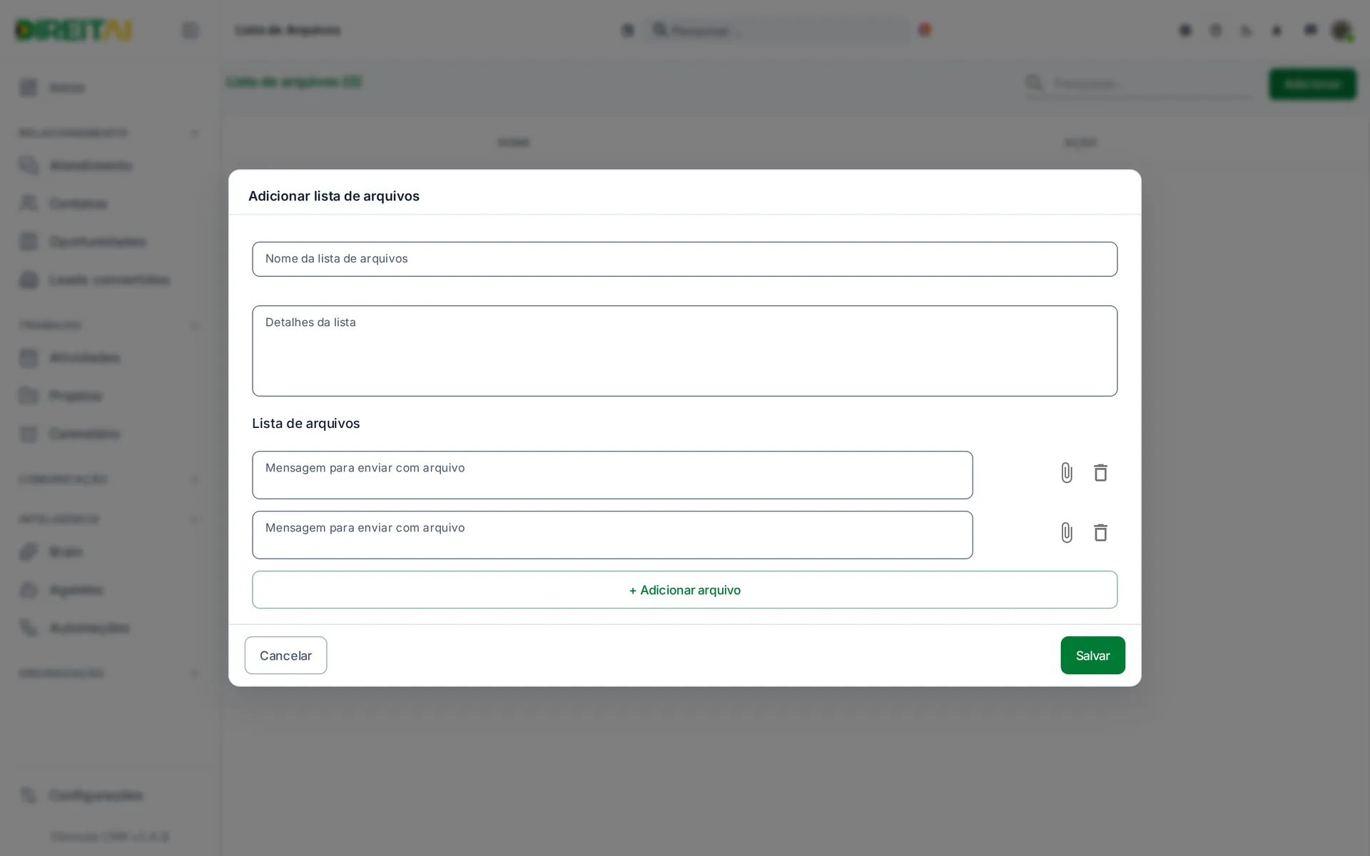 Janela Adicionar lista de arquivos com nome, detalhes e itens com mensagem, clipe e lixeira