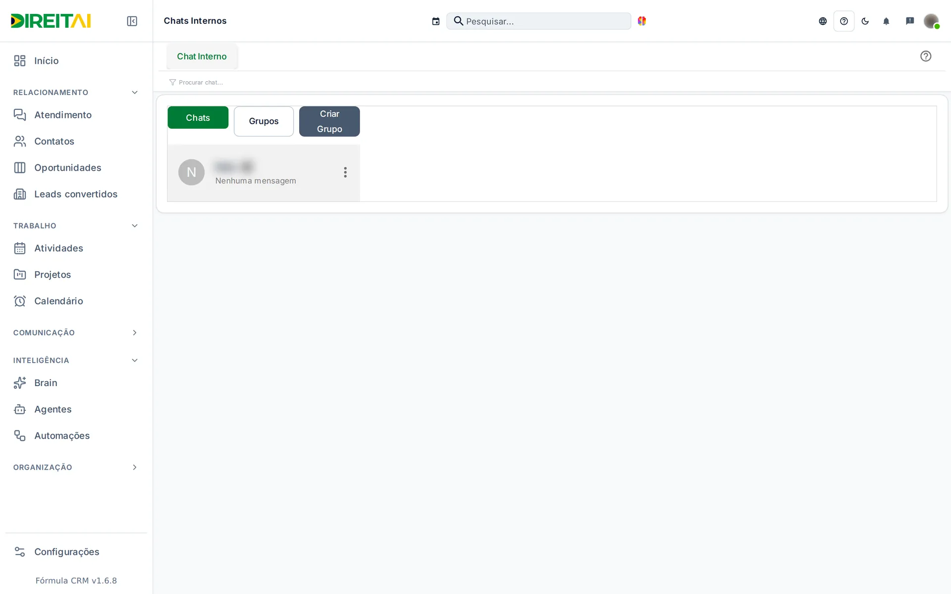 Chat Interno com os botões Chats, Grupos e Criar Grupo e a lista de conversas