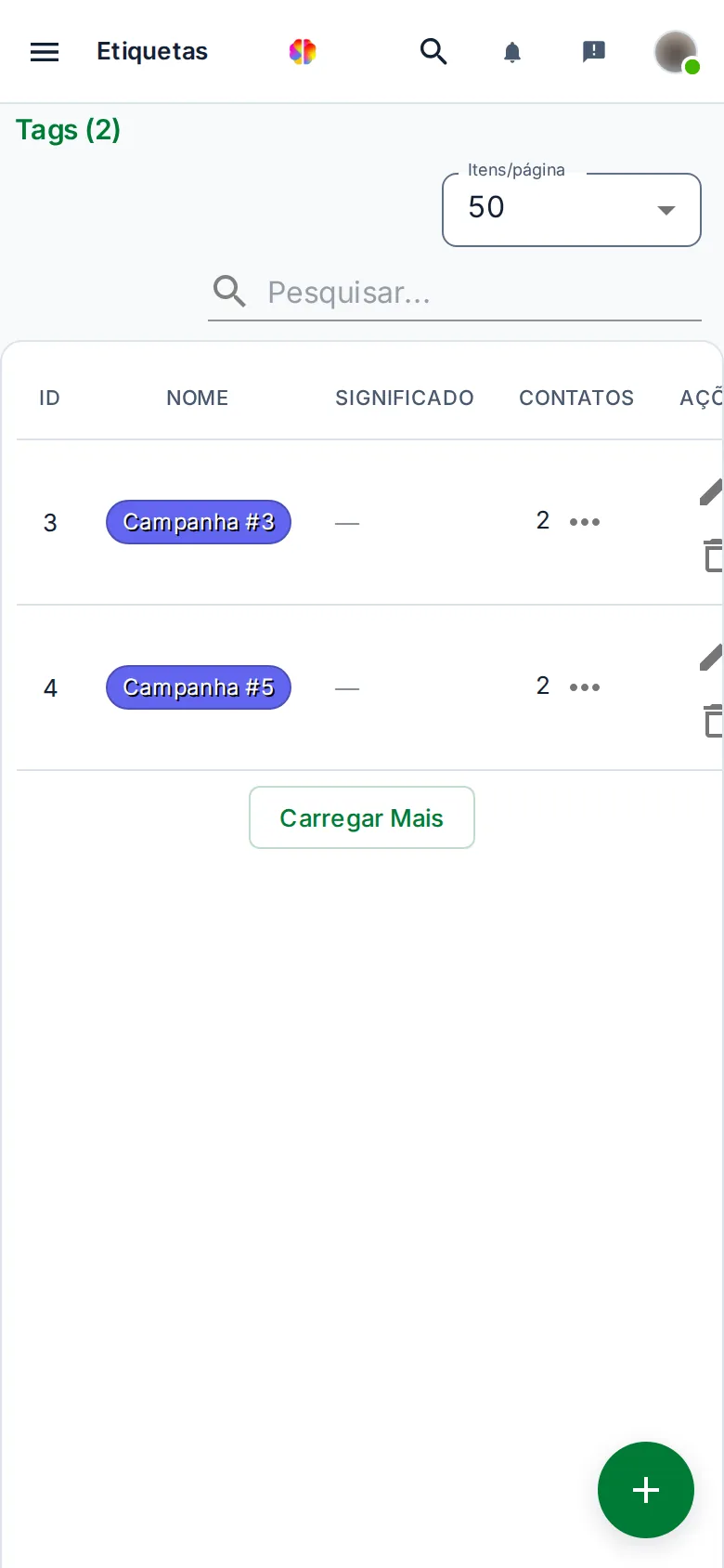 Tela de etiquetas no celular