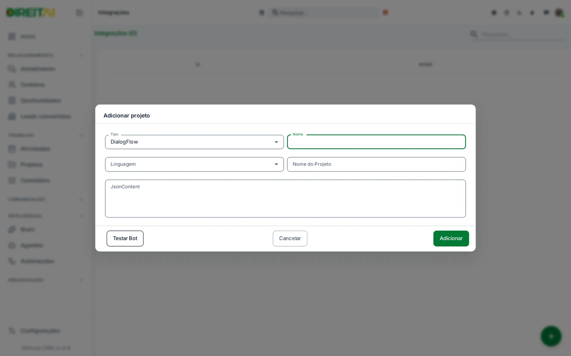 Janela Adicionar projeto com Tipo, Nome, Linguagem, Nome do Projeto, JsonContent e os botões Testar Bot, Cancelar e Adicionar