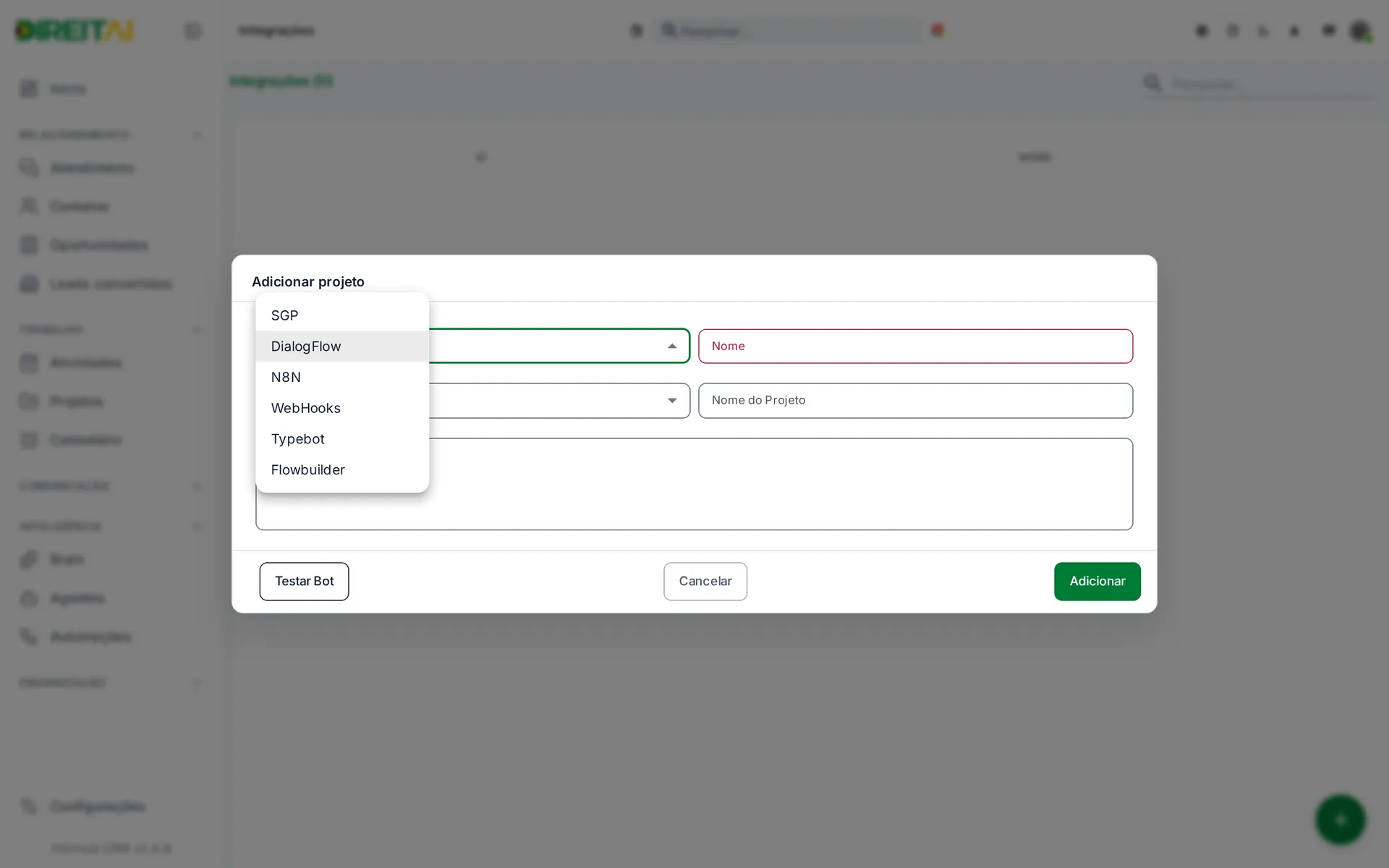 Lista de tipos de integração: SGP, DialogFlow, N8N, WebHooks, Typebot e Flowbuilder