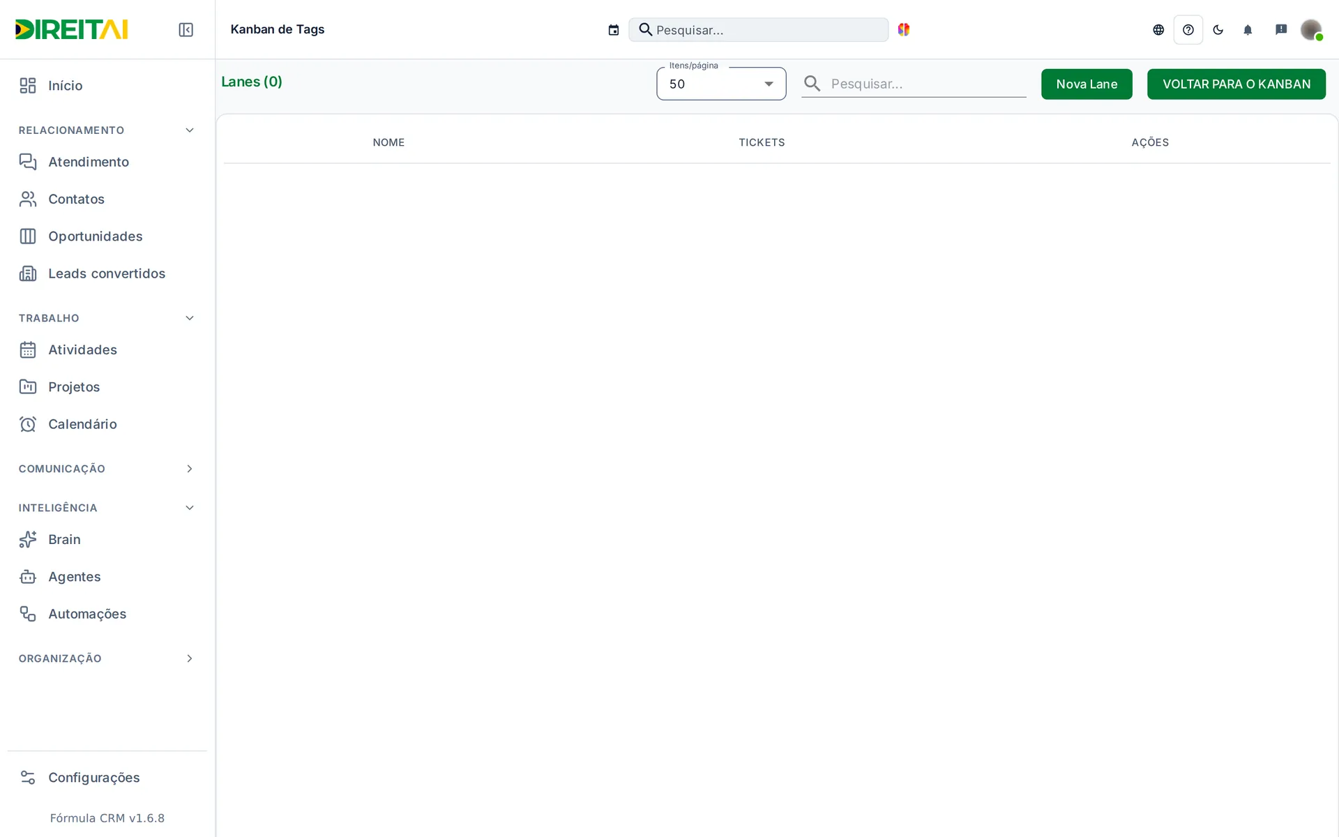 Tela Lanes com as colunas do Kanban, a quantidade de tickets e as ações