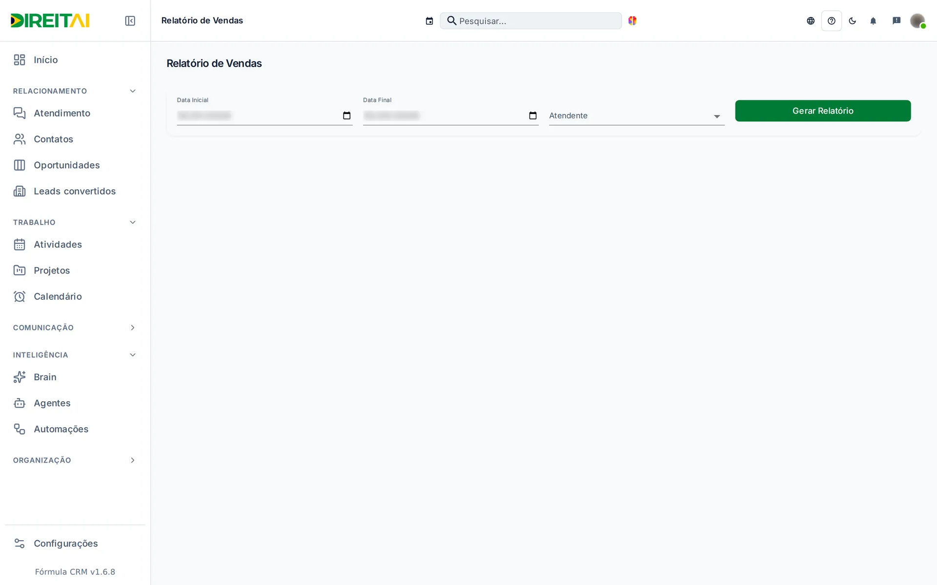 Relatório de vendas com filtros de data inicial, data final e atendente