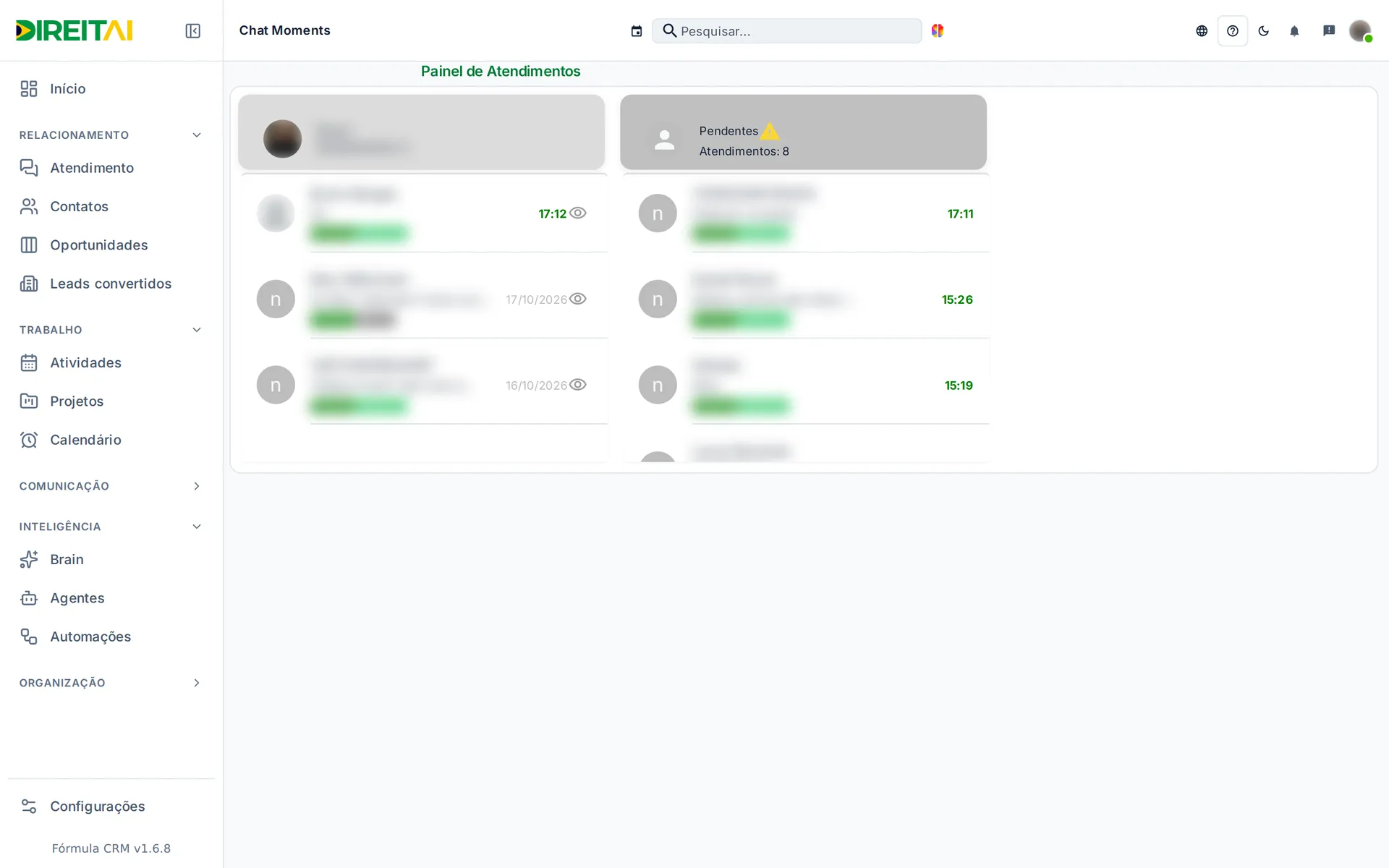 Painel em tempo real com os atendimentos de cada atendente e os pendentes