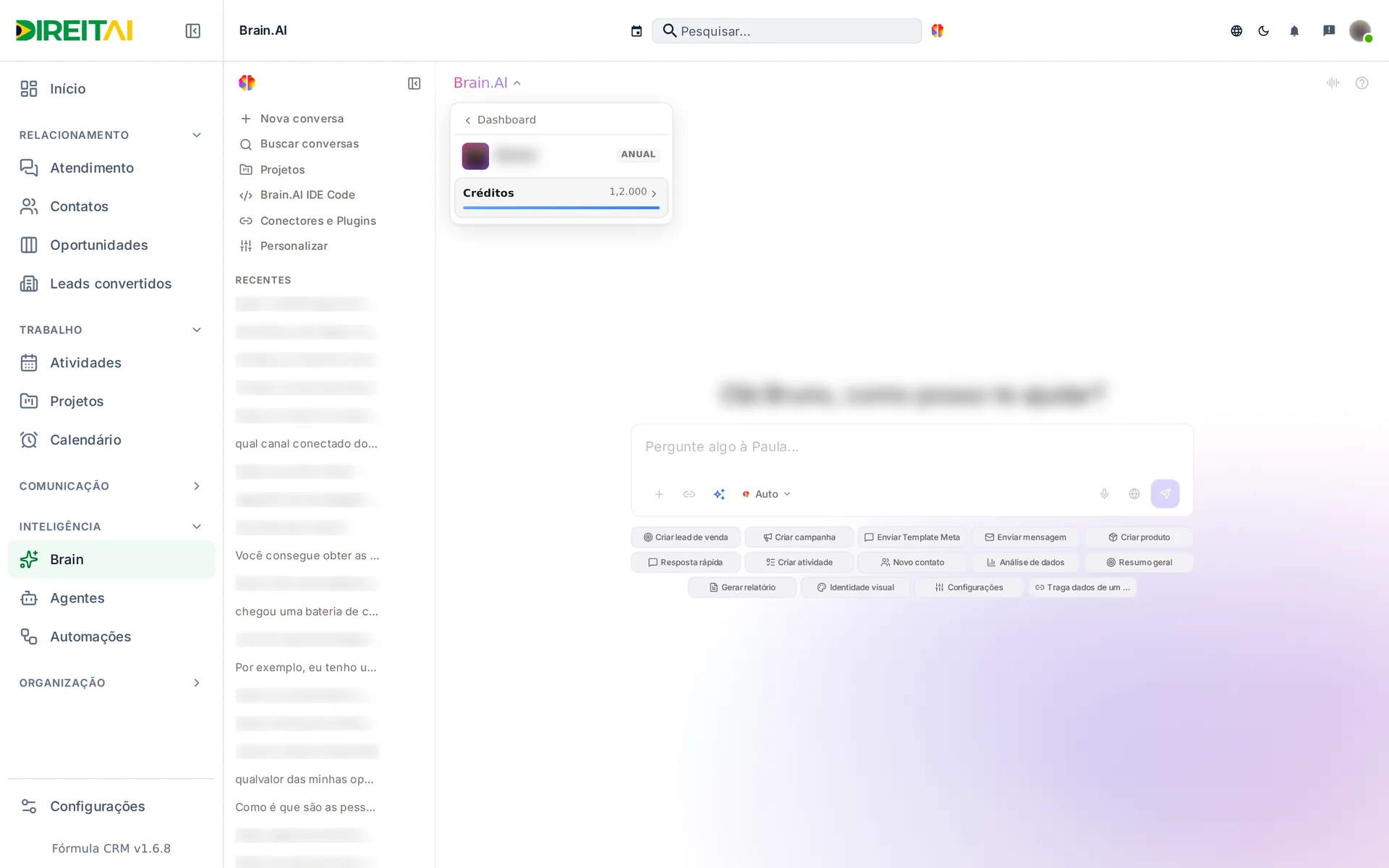 Menu Brain.AI aberto com o cartão Créditos e o saldo