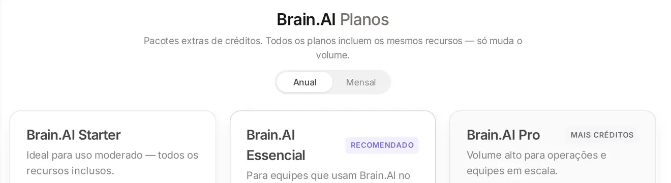 Topo da página de planos do Brain.AI com os pacotes Starter, Essencial e Pro