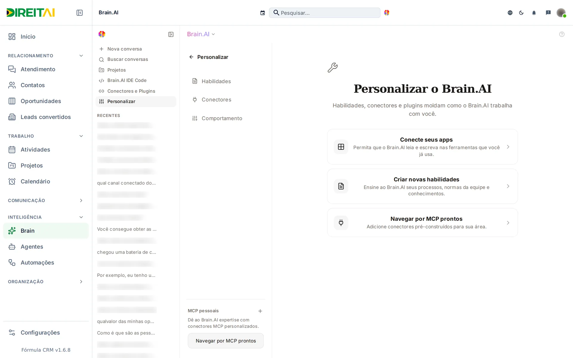 Tela Personalizar o Brain.AI com Habilidades, Conectores e Comportamento