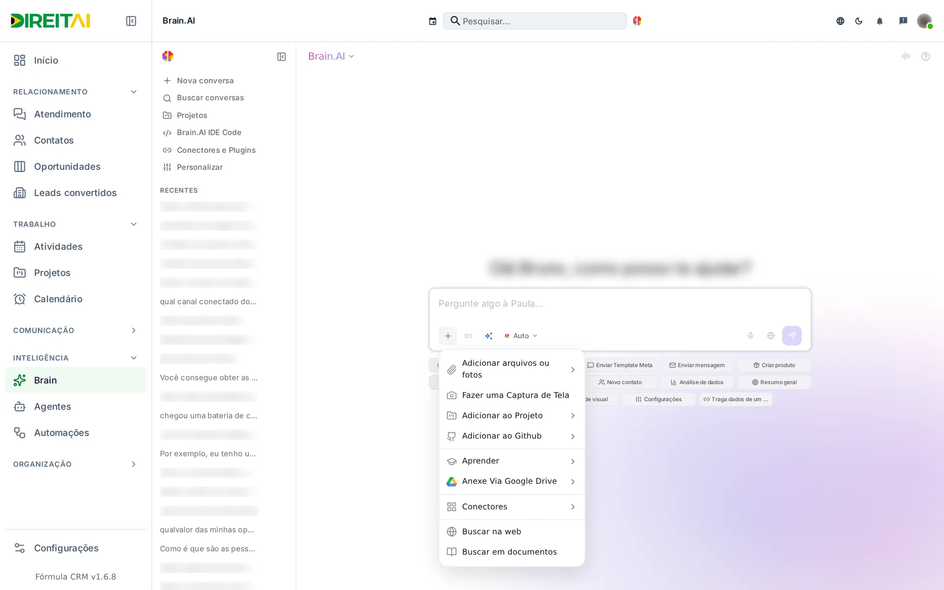 Menu de anexos do Brain.AI aberto, com arquivos, captura de tela, projeto, aprender, buscar na web e buscar em documentos