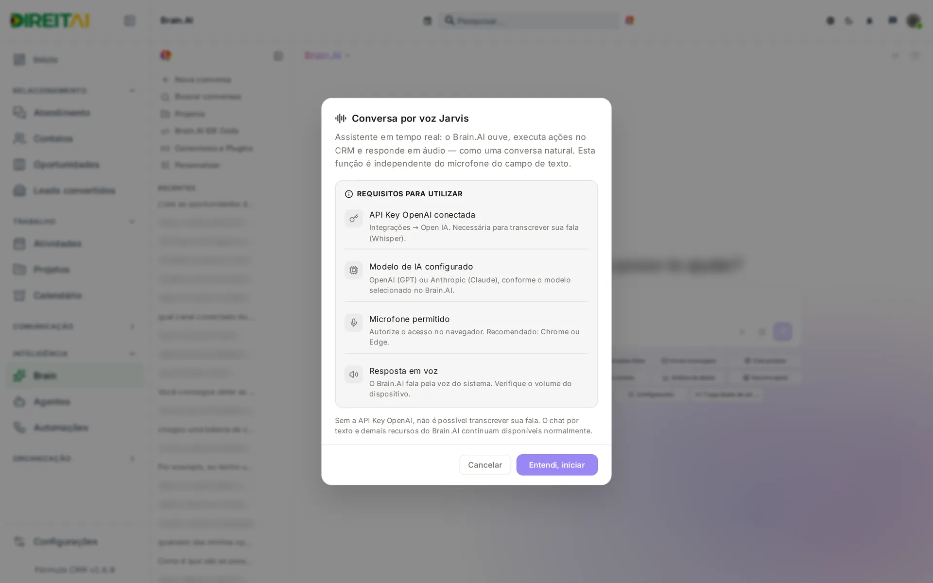 Diálogo Conversa por voz Jarvis com os requisitos e os botões Cancelar e Entendi, iniciar