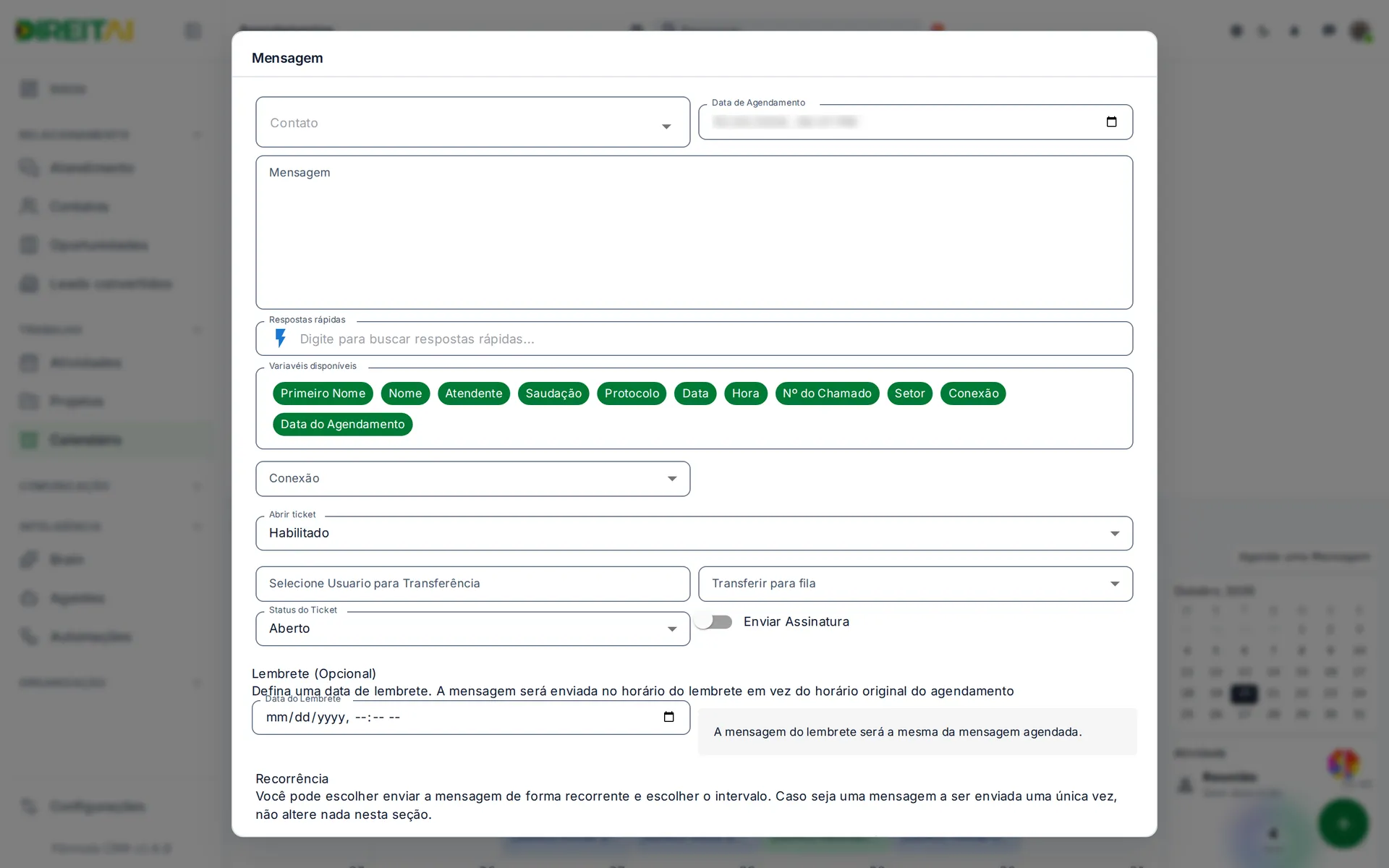 Janela de agendamento de mensagem com Contato, Data de Agendamento, Mensagem e Respostas rápidas