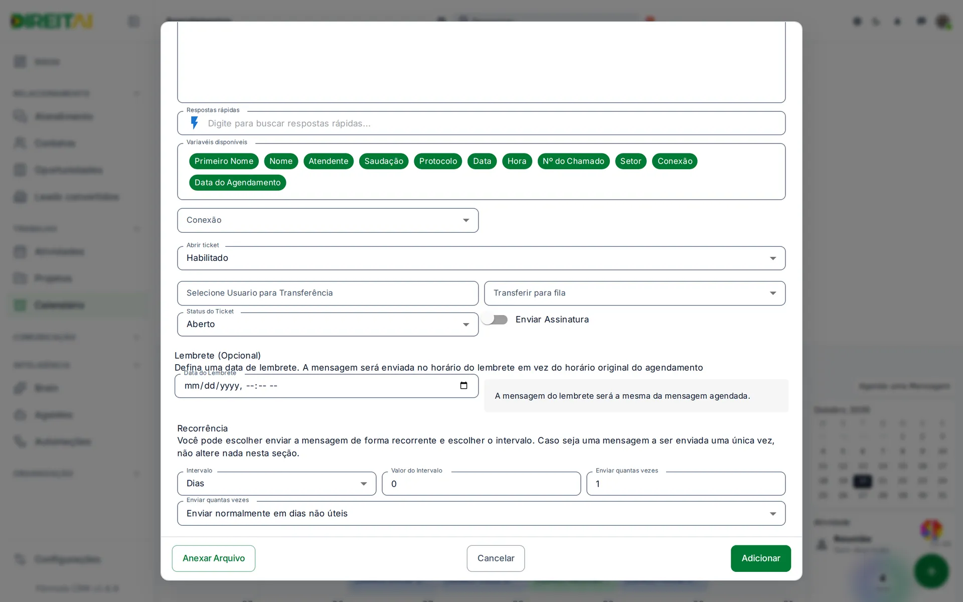 Parte de baixo da janela de agendamento com Lembrete, Recorrência e os botões Cancelar e Adicionar