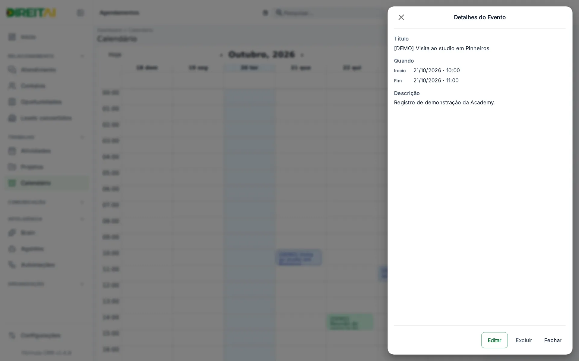 Janela com os detalhes do evento [DEMO] e os botões Editar, Excluir e Fechar