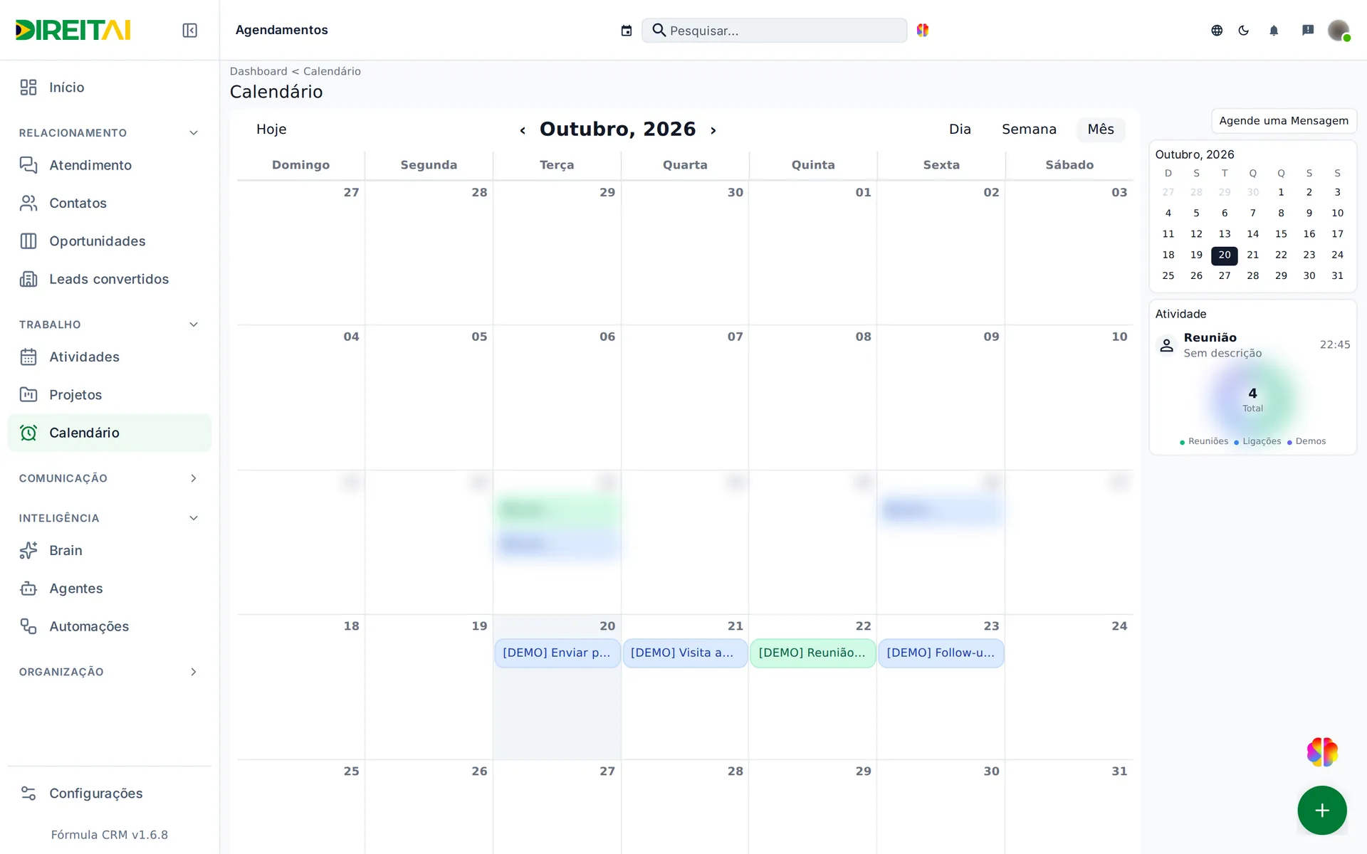 Calendário na visão Semana com as atividades de exemplo [DEMO] nos horários
