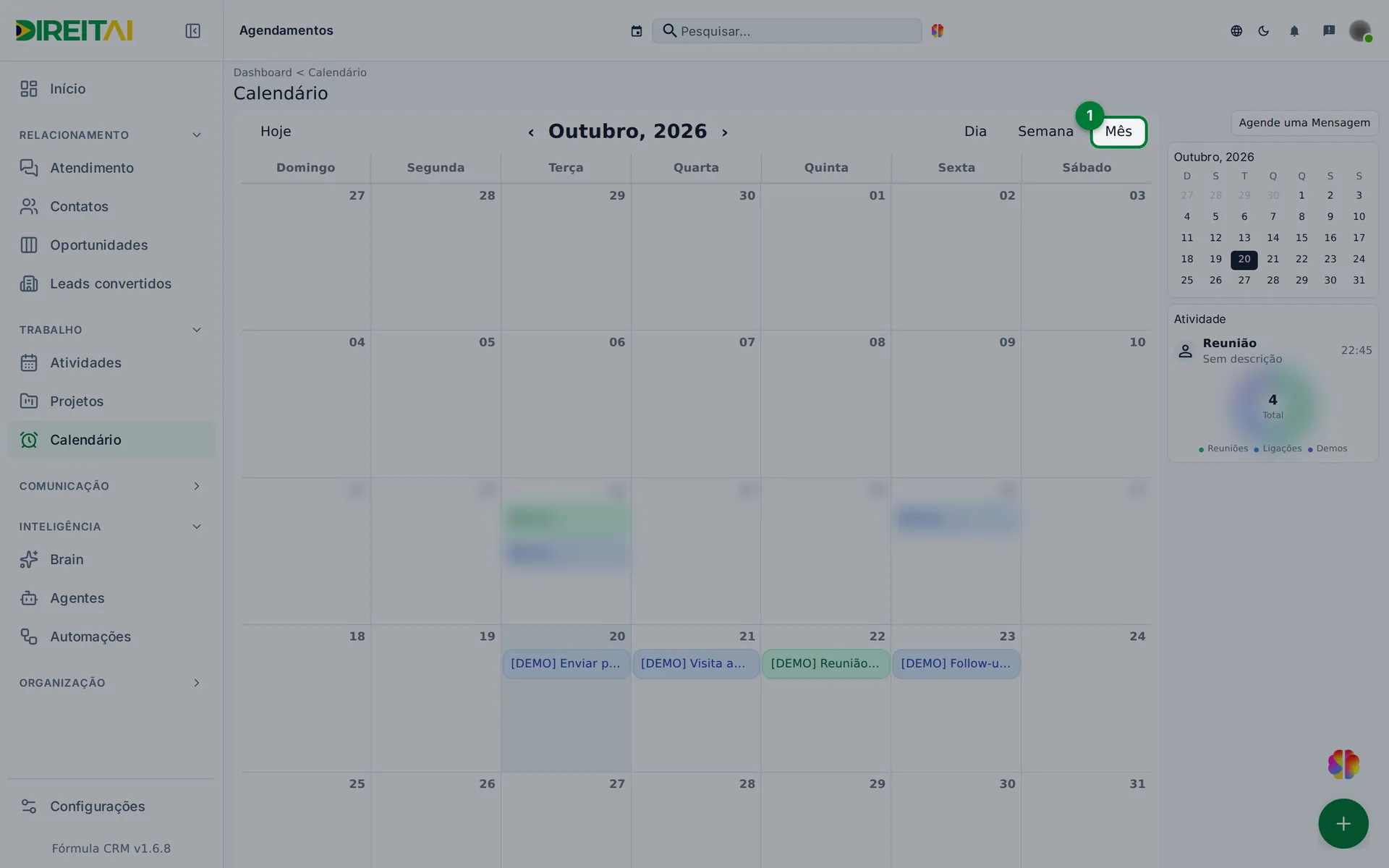 Botões Hoje, setas e Dia, Semana, Mês no topo do calendário, com Mês destacado