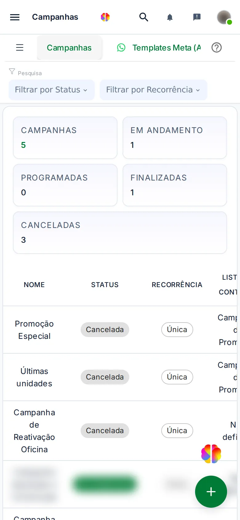 Tela Campanhas no celular, com os cartões de totais um embaixo do outro