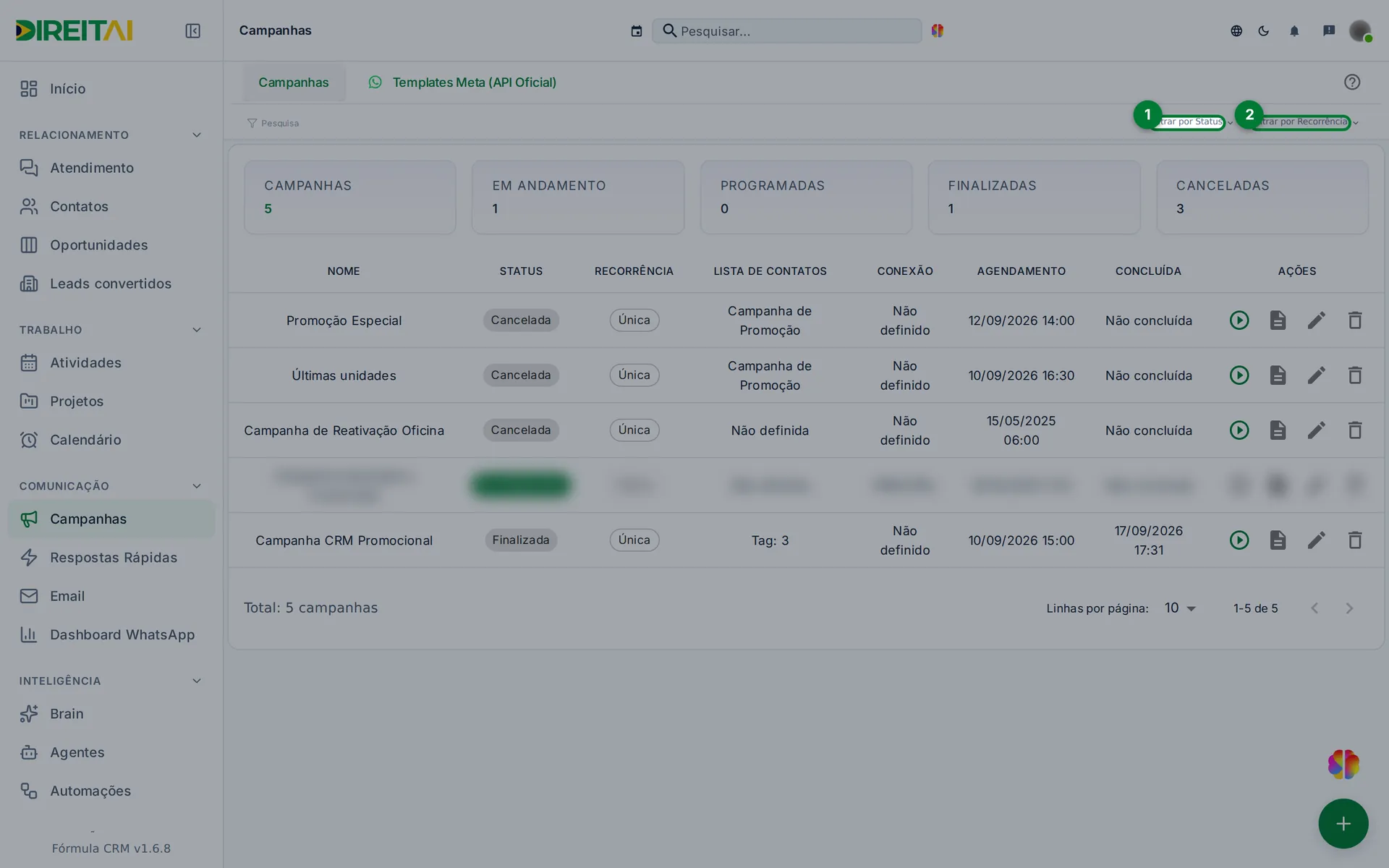 Filtros de status e de recorrência no topo da tela Campanhas, destacados