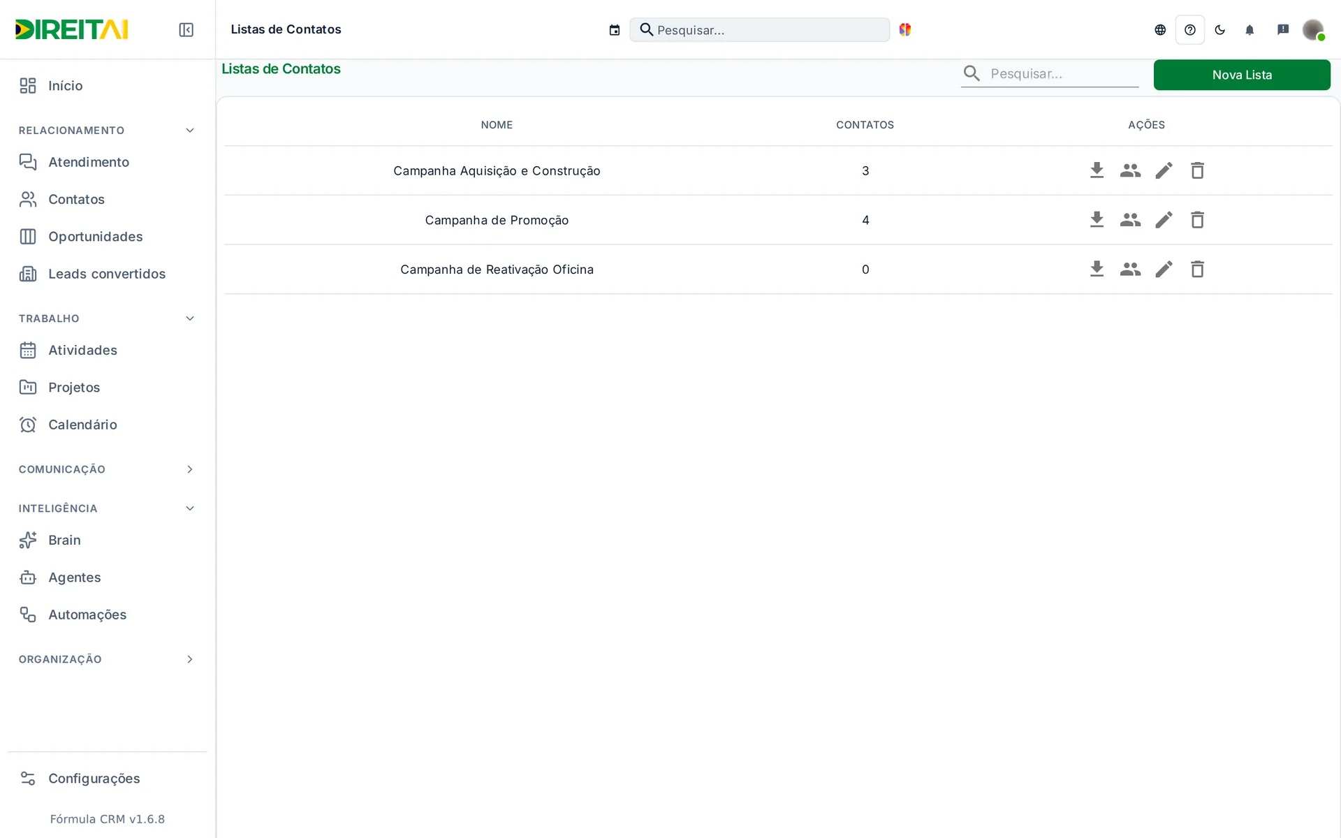 Tela Listas de Contatos com a busca, o botão Nova Lista e a tabela de listas