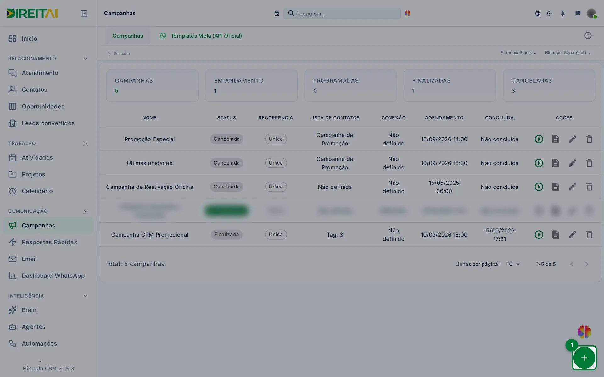 Botão + no canto inferior direito da tela Campanhas, destacado