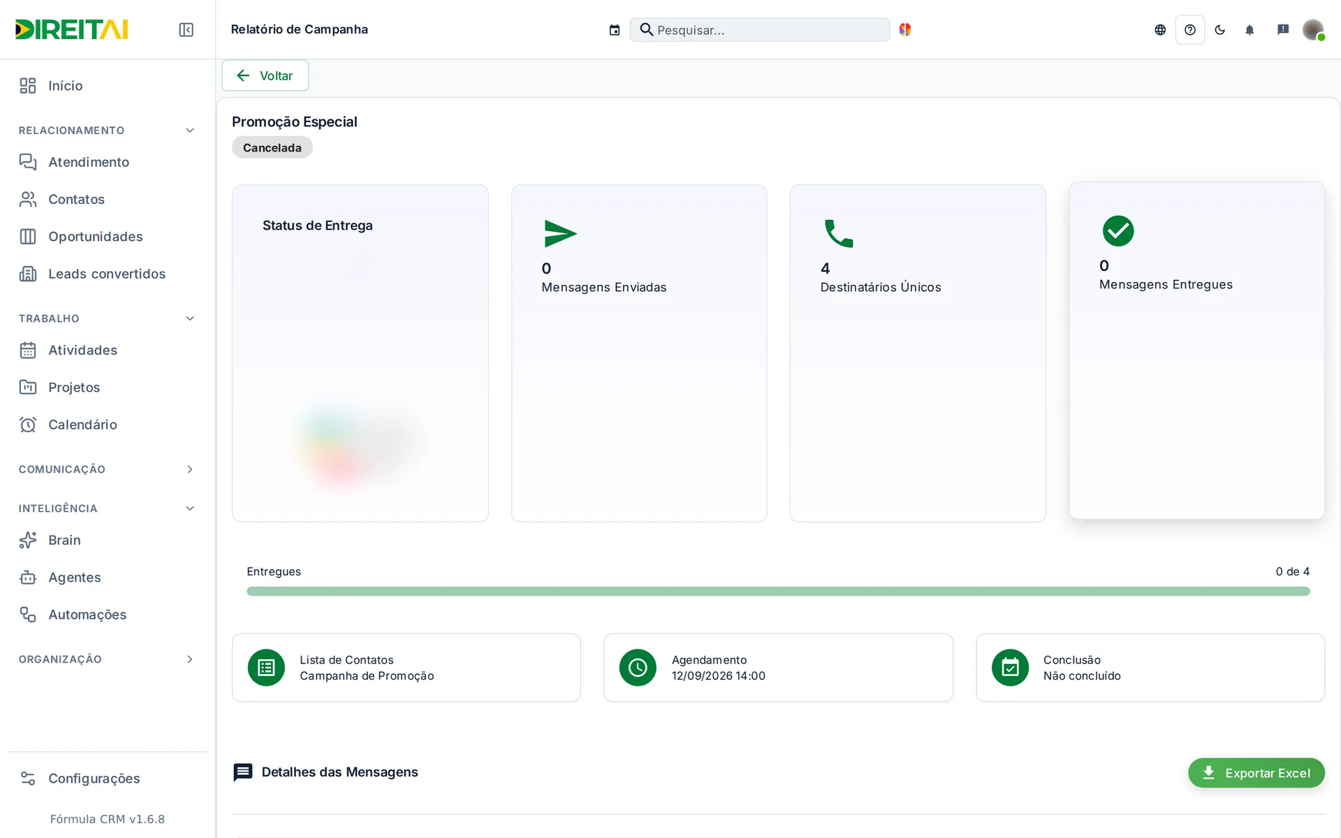 Relatório da campanha com status de entrega, totais, progresso e detalhes das mensagens