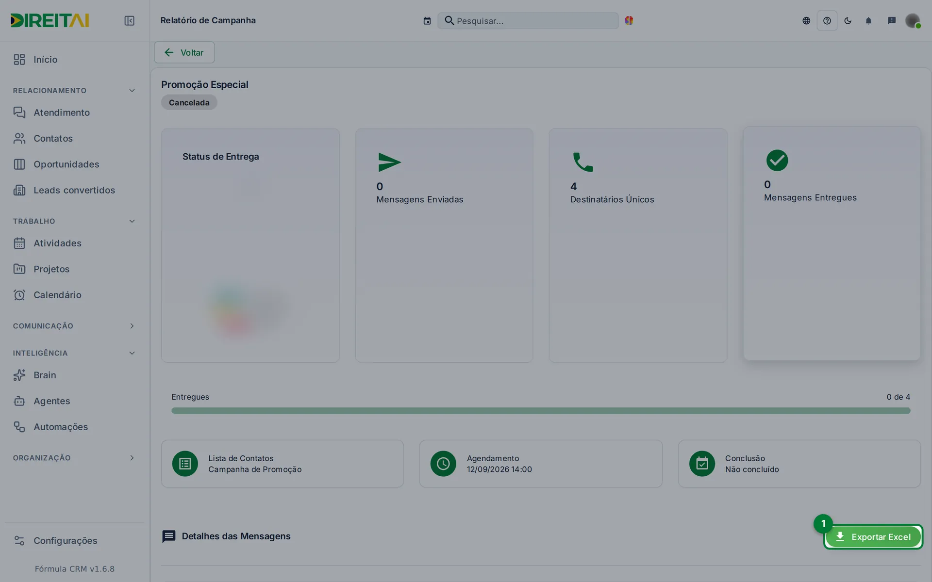 Botão Exportar Excel no relatório da campanha, destacado