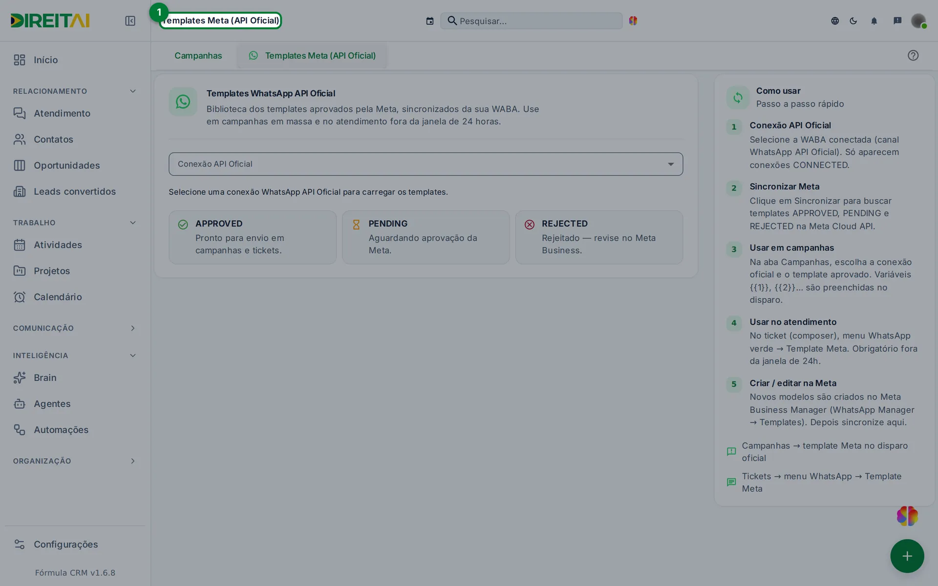Aba Templates Meta (API Oficial) ao lado da aba Campanhas, destacada
