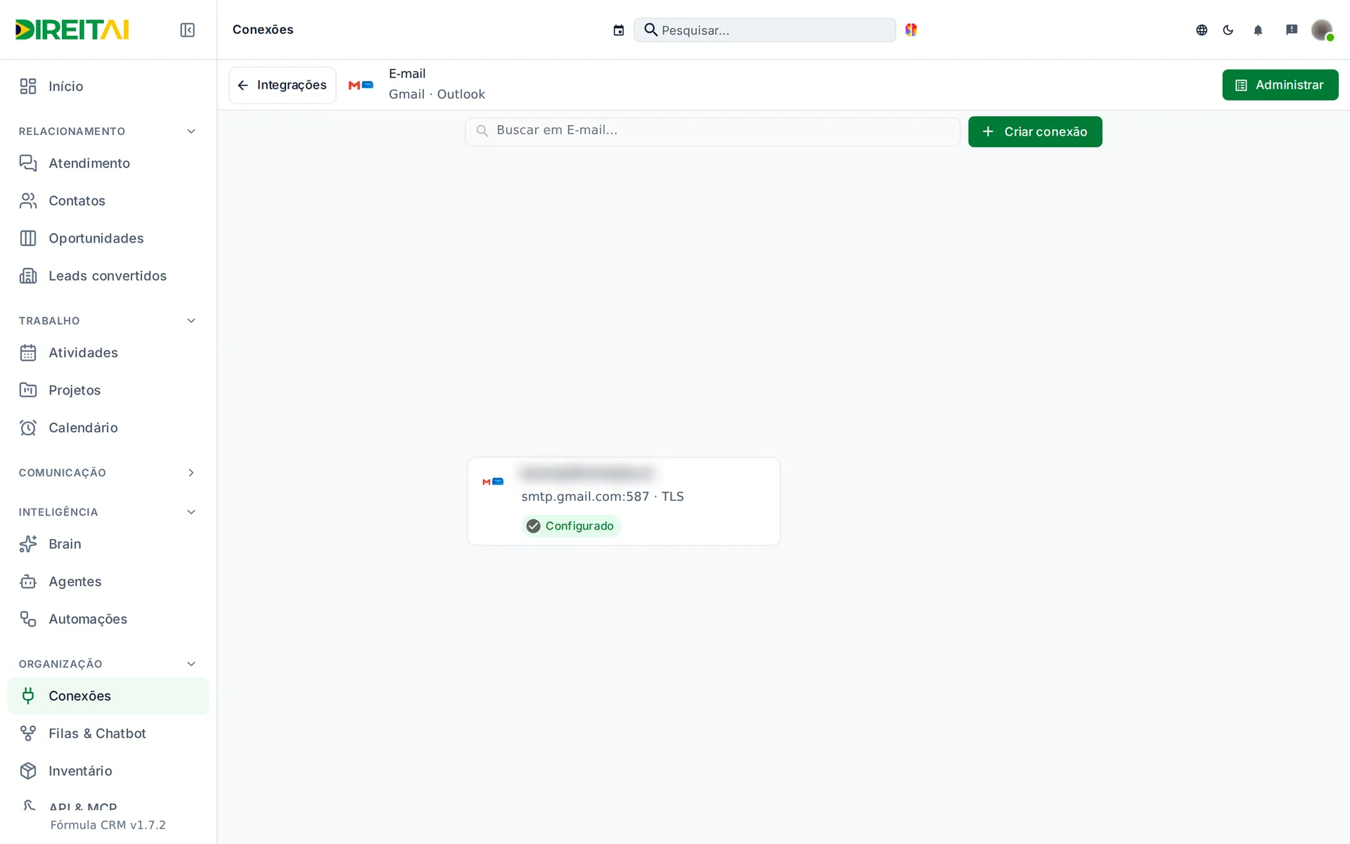 Tela E-mail com o cartão do SMTP configurado (endereço desfocado)