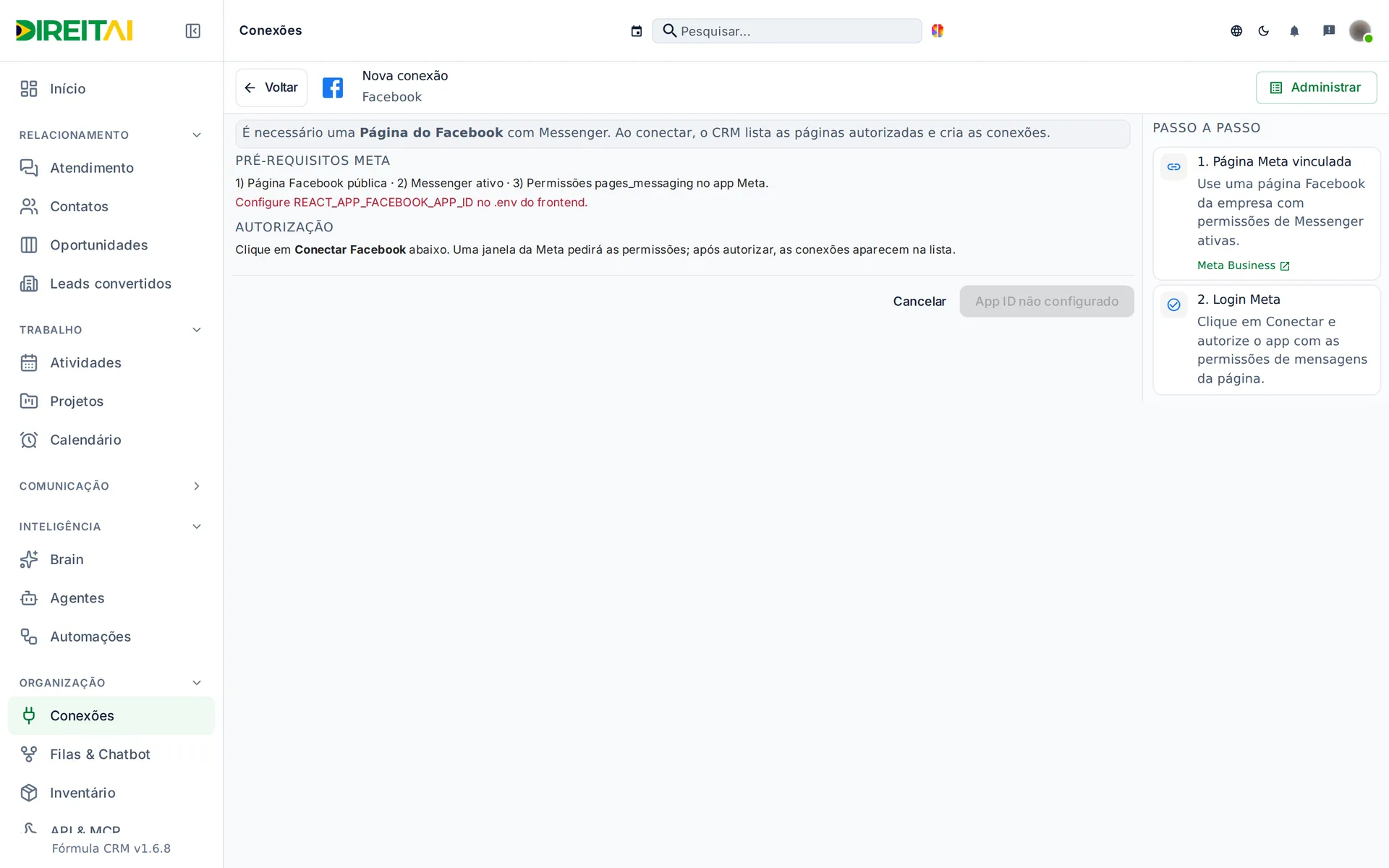 Nova conexão Facebook com os pré-requisitos Meta e o botão de conectar