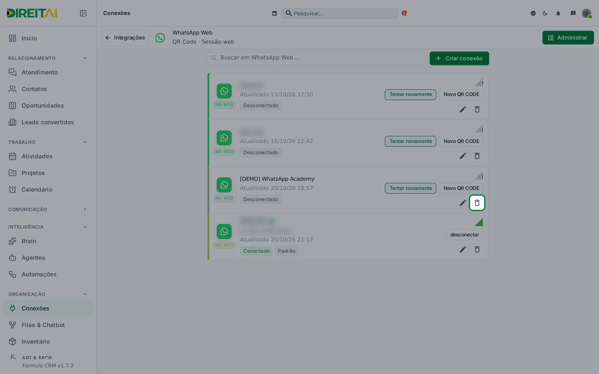 Ícone de lixeira da conexão [DEMO] destacado: exclui na hora, sem confirmação