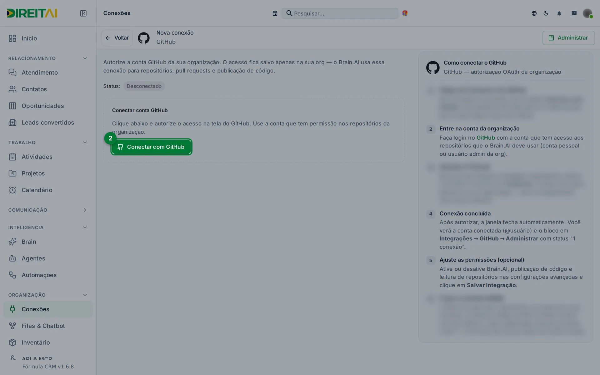 Nova conexão GitHub com o botão Conectar com GitHub destacado