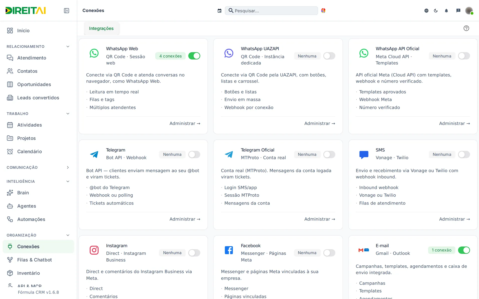 Tela Conexões com os cartões de canais e integrações: WhatsApp Web, UAZAPI, API Oficial, Telegram, SMS, Instagram, Facebook e E-mail