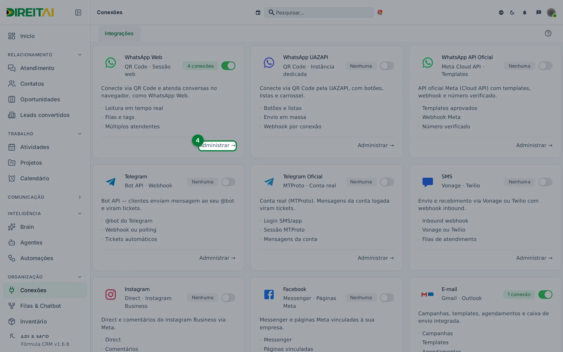 Cartão WhatsApp Web com o link Administrar destacado