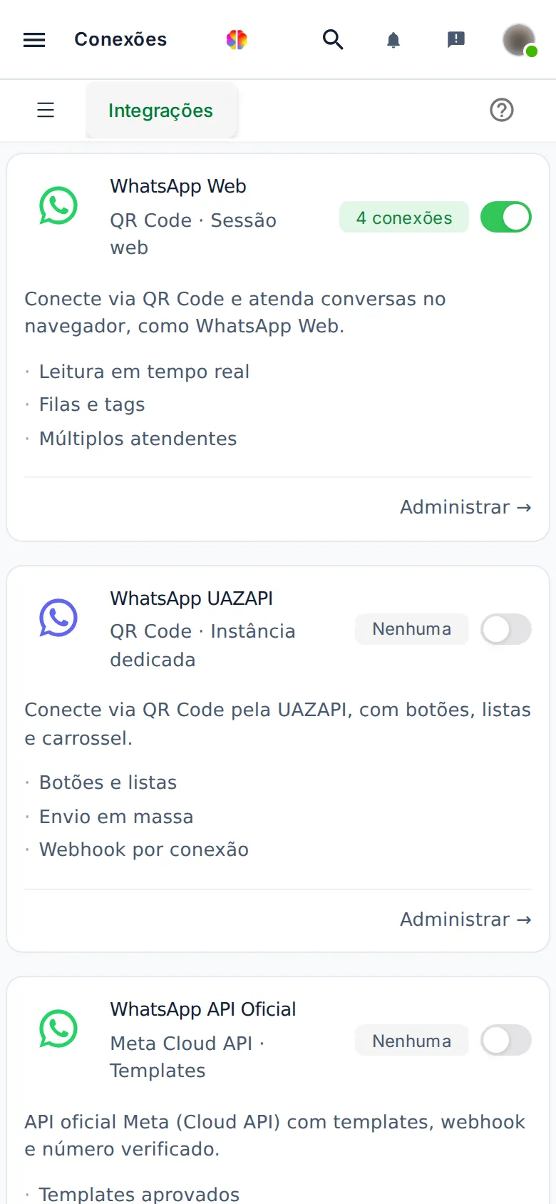Tela Conexões no celular, com os cartões um abaixo do outro