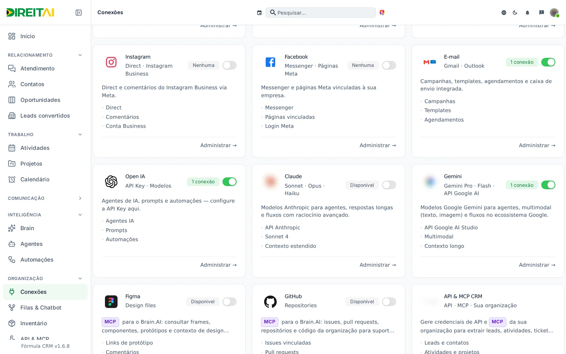 Parte de baixo da tela Conexões com os cartões Open IA, Claude, Gemini, Figma, GitHub e API & MCP