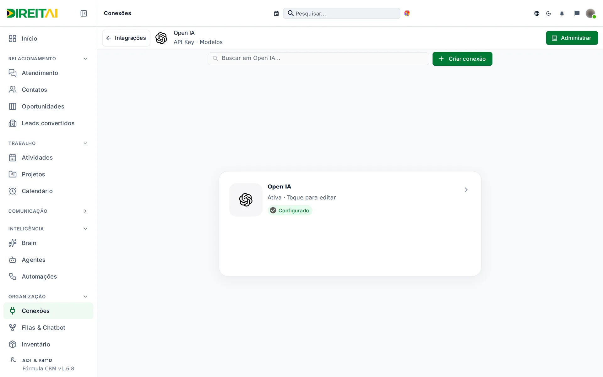 Tela Open IA com o cartão Configurado (Ativa · Toque para editar)