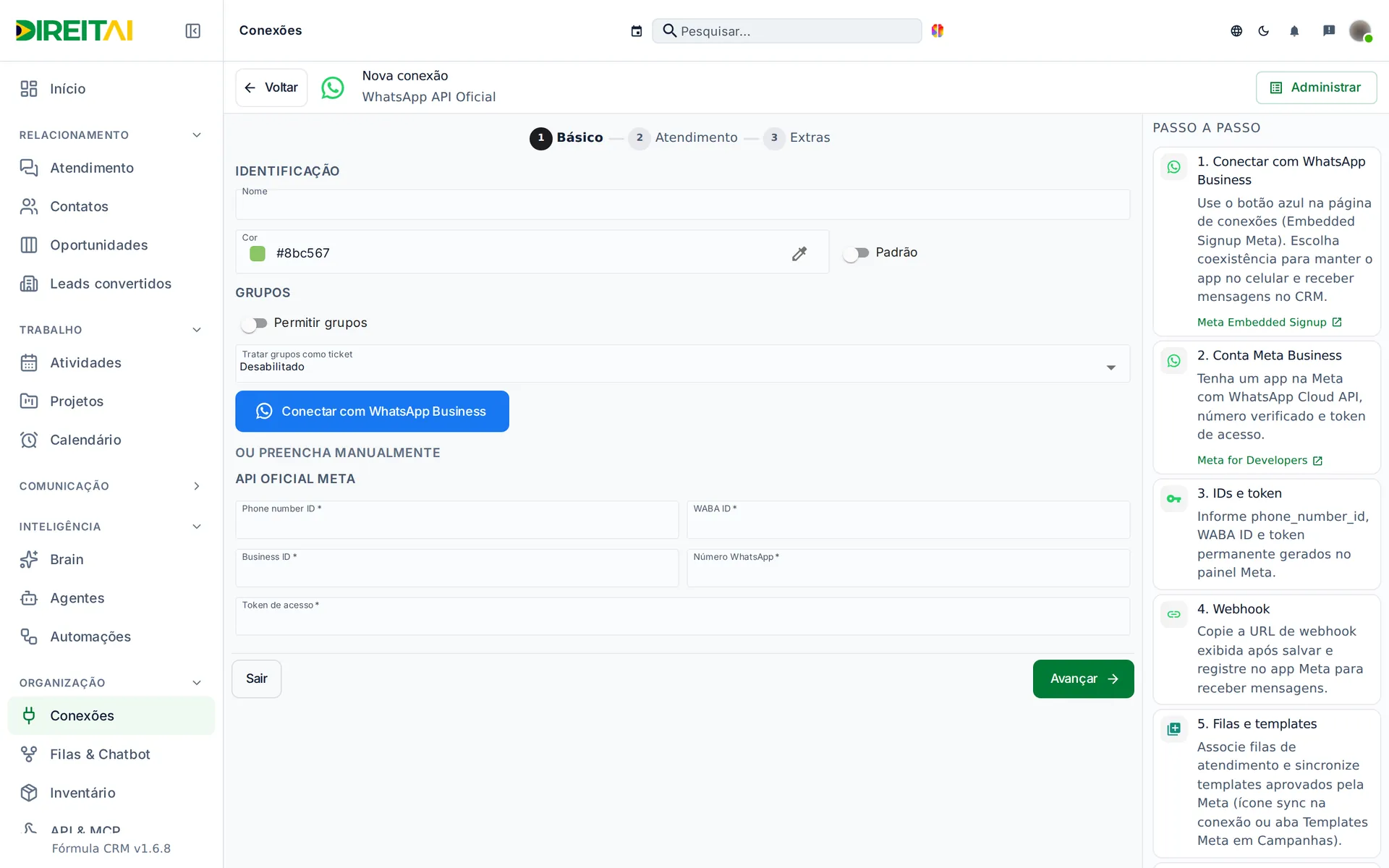 Etapa Básico da API Oficial com os campos Phone number ID, WABA ID, Business ID, Número WhatsApp e Token de acesso