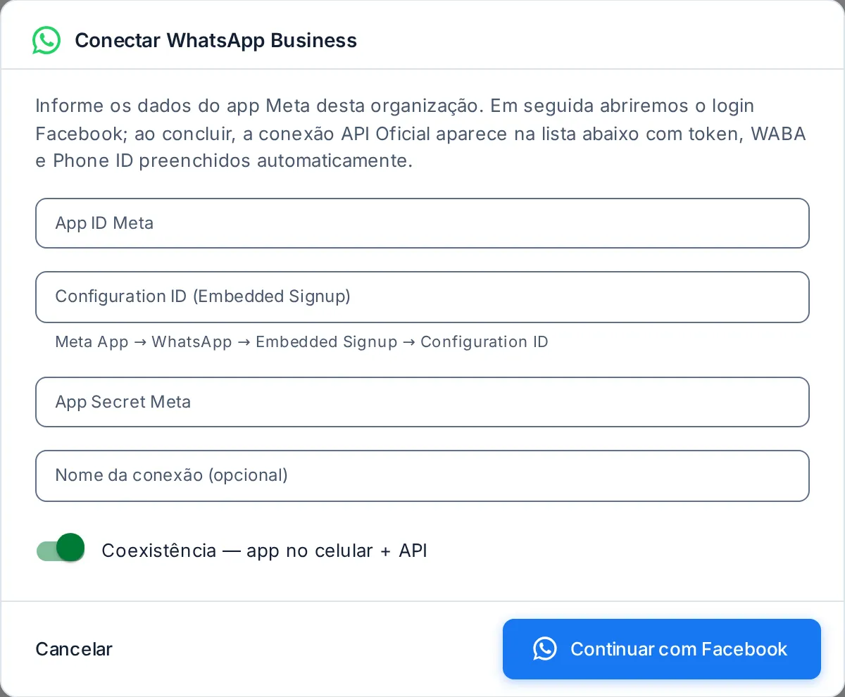 Janela Conectar WhatsApp Business com App ID, Configuration ID, App Secret e Coexistência