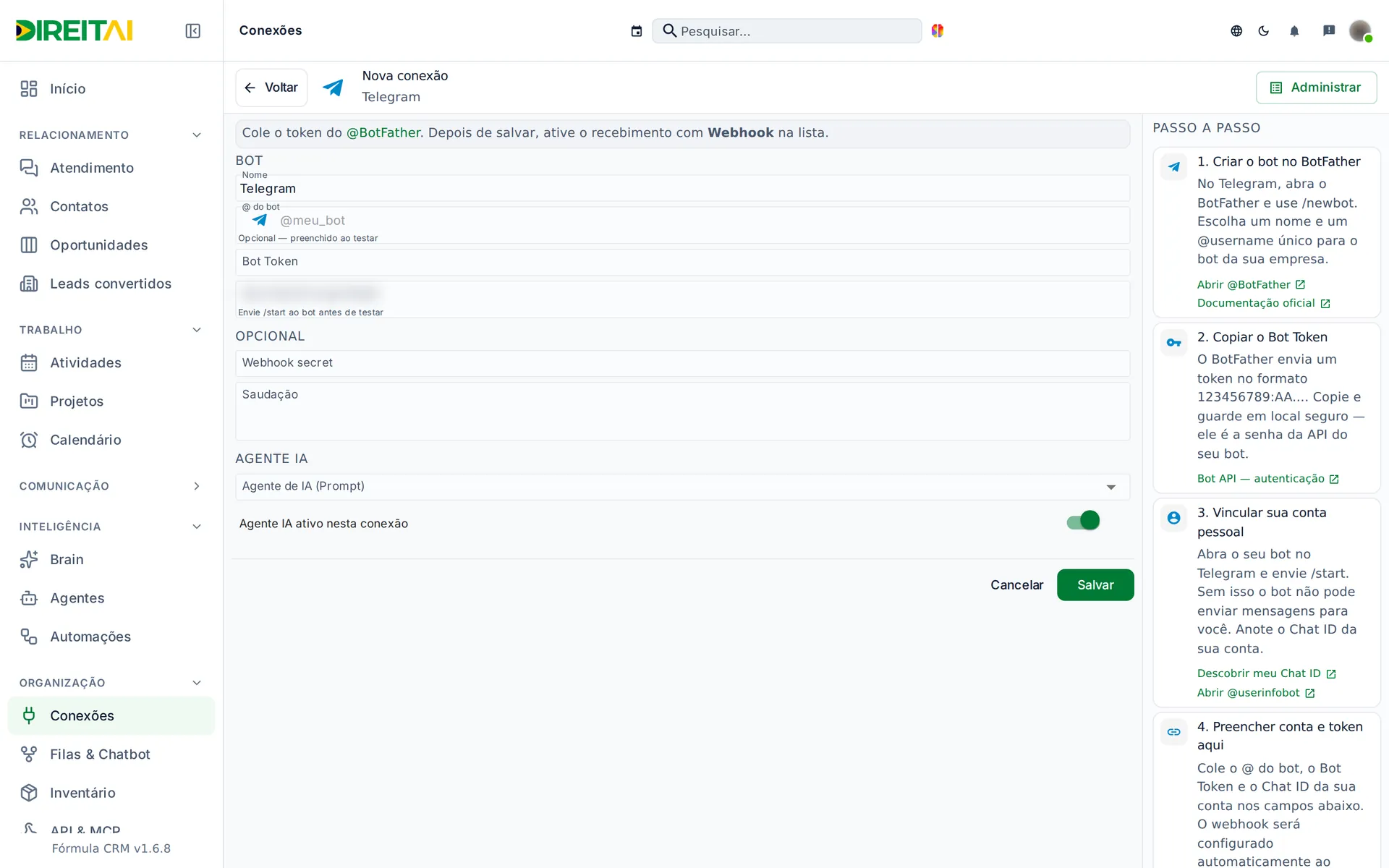 Nova conexão Telegram com Nome, @ do bot, Bot Token, opções e Agente IA