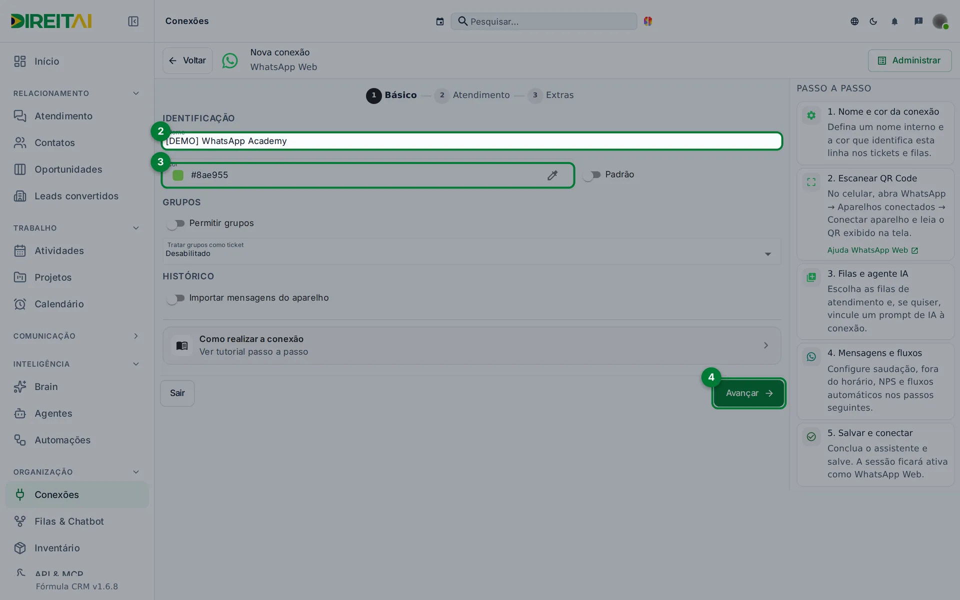 Etapa Básico do assistente com o Nome preenchido, a Cor e o botão Avançar destacados