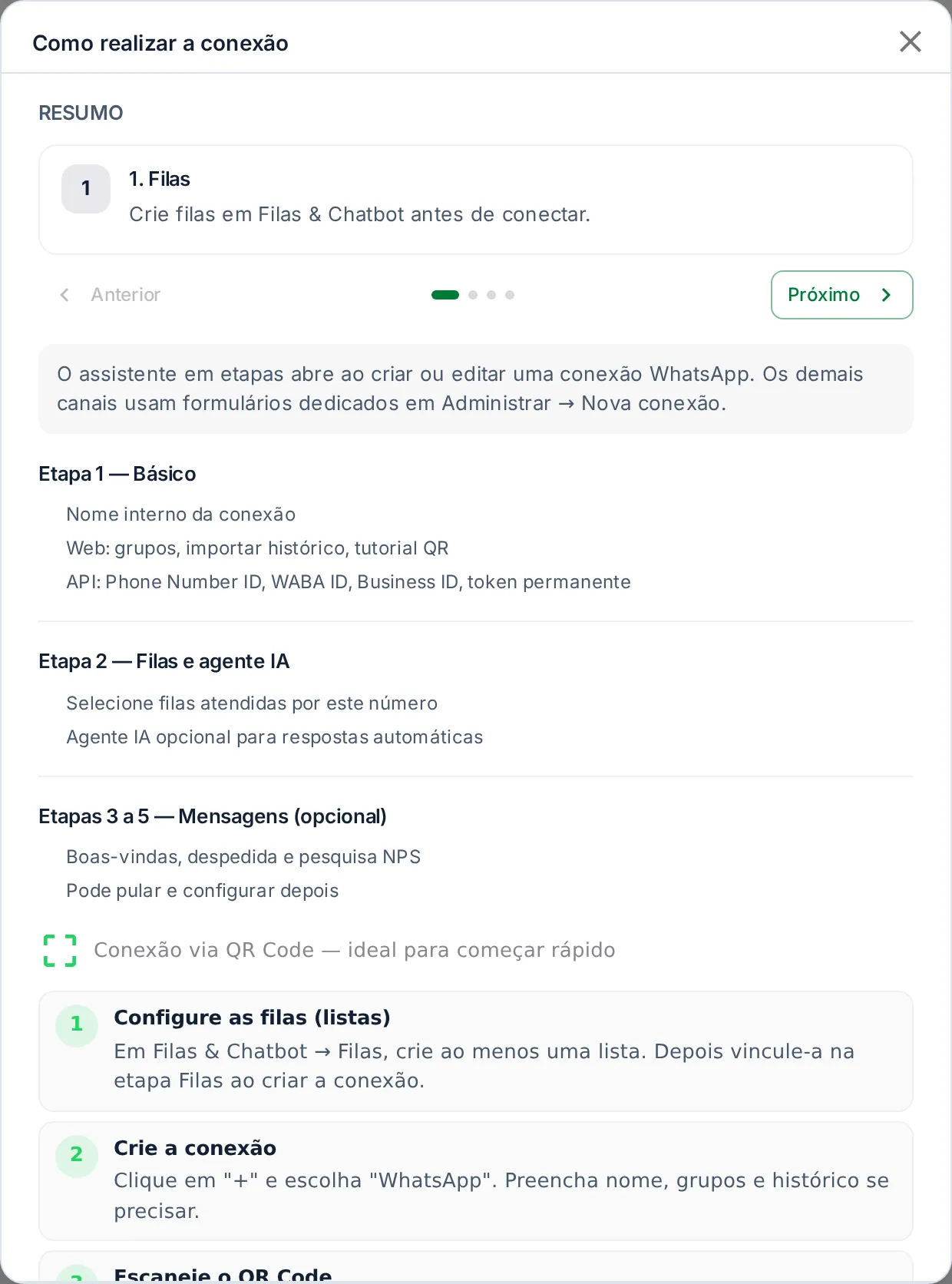 Janela com o tutorial de como realizar a conexão do WhatsApp Web