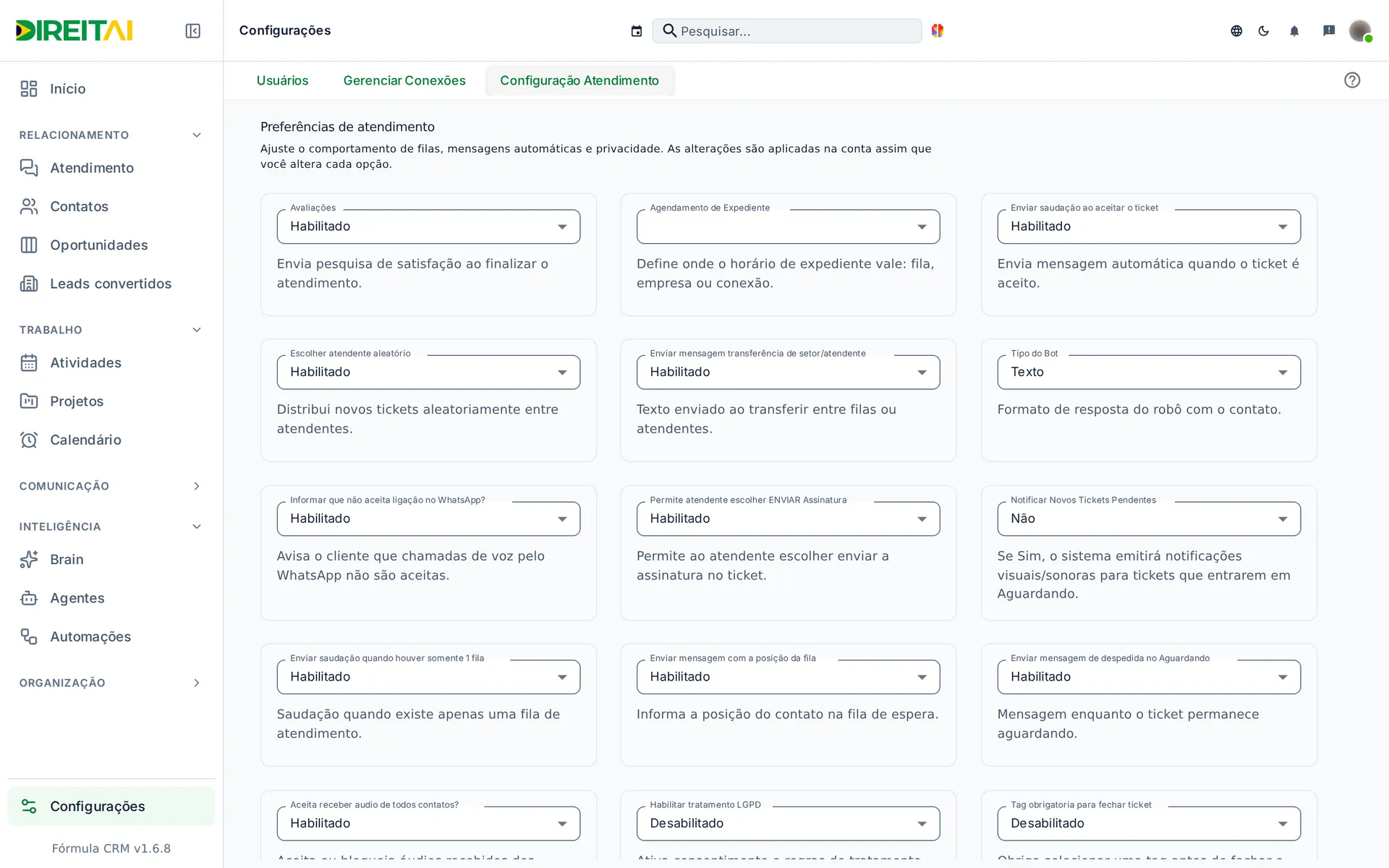 Aba Configuração Atendimento com as Preferências de atendimento em cartões, cada um com sua explicação