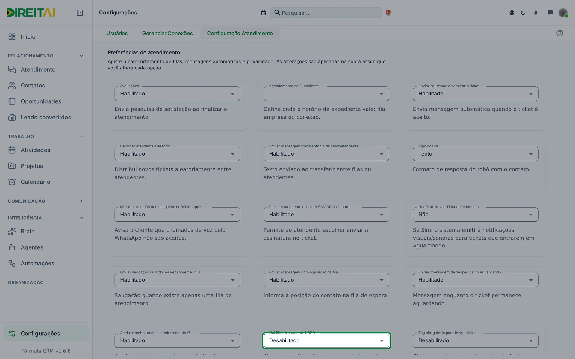 Mais opções de atendimento: áudios, LGPD, tag obrigatória, fechar ao transferir e carteira