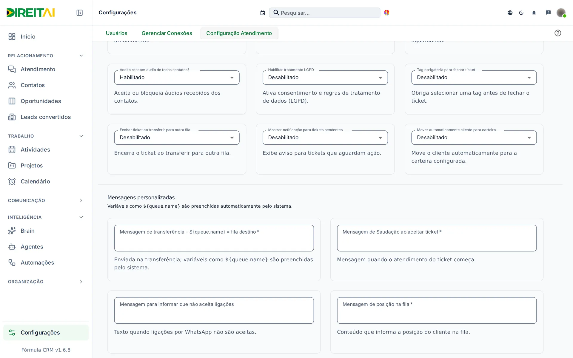 Seção Mensagens personalizadas com transferência, saudação ao aceitar, ligação recusada e posição na fila