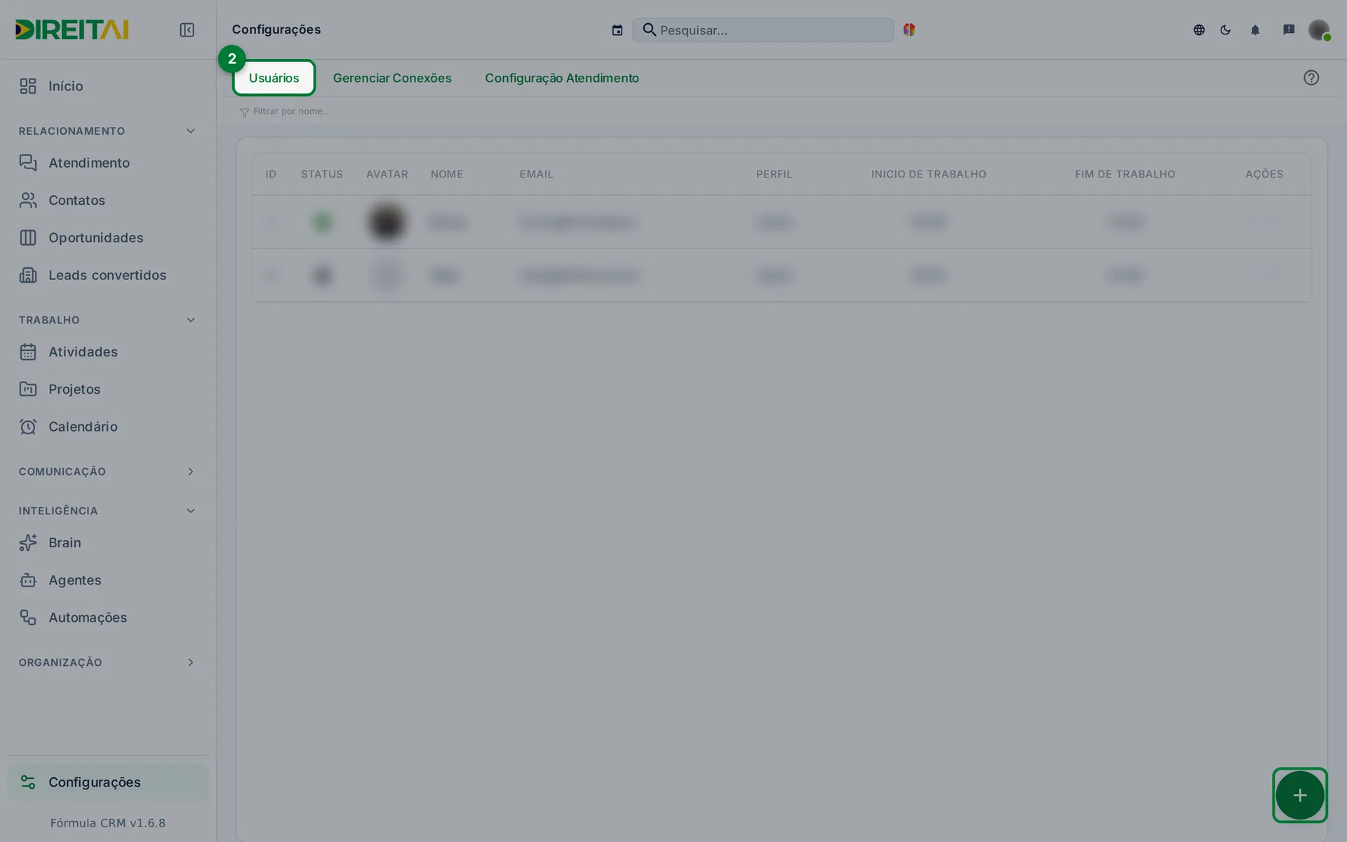 Aba Usuários em Configurações com a lista de usuários desfocada e o botão + destacado