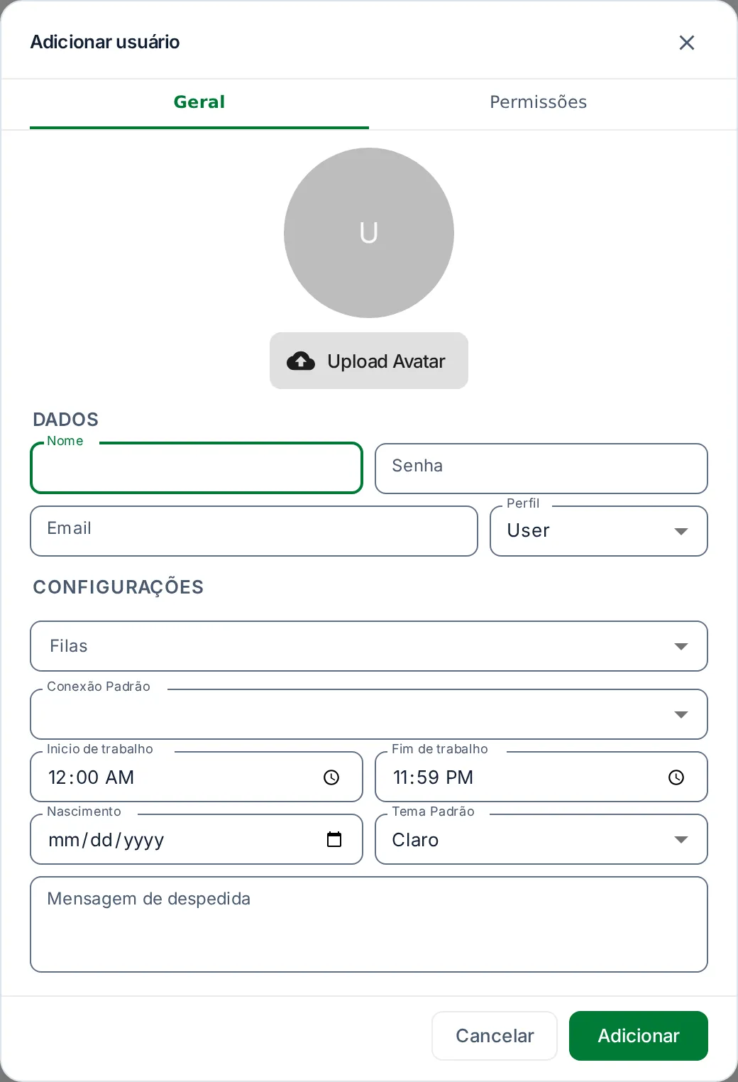 Janela Adicionar usuário na aba Geral com Nome, Senha, Email, Perfil, Filas, Conexão Padrão e horários