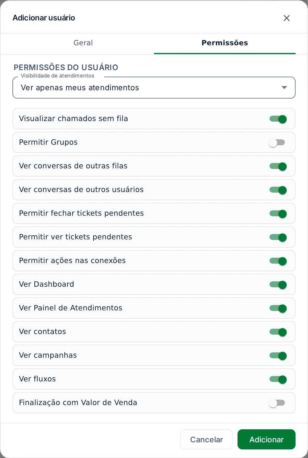 Aba Permissões da janela de usuário com Visibilidade de atendimentos e os interruptores de permissão